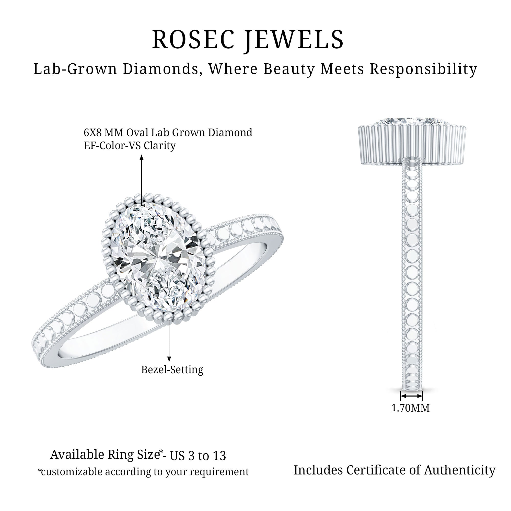 Vintage Style Oval Shape Lab Grown Diamond Solitaire Engagement Ring Lab - ( EF-VS ) - Rosec Jewels