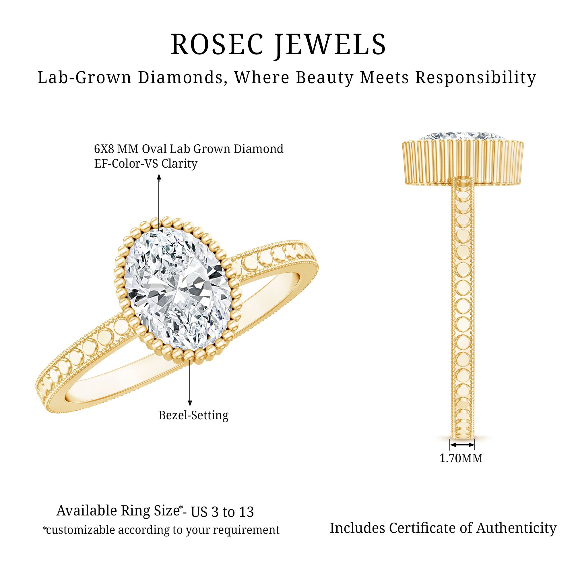 Vintage Style Oval Shape Lab Grown Diamond Solitaire Engagement Ring Lab - ( EF-VS ) - Rosec Jewels