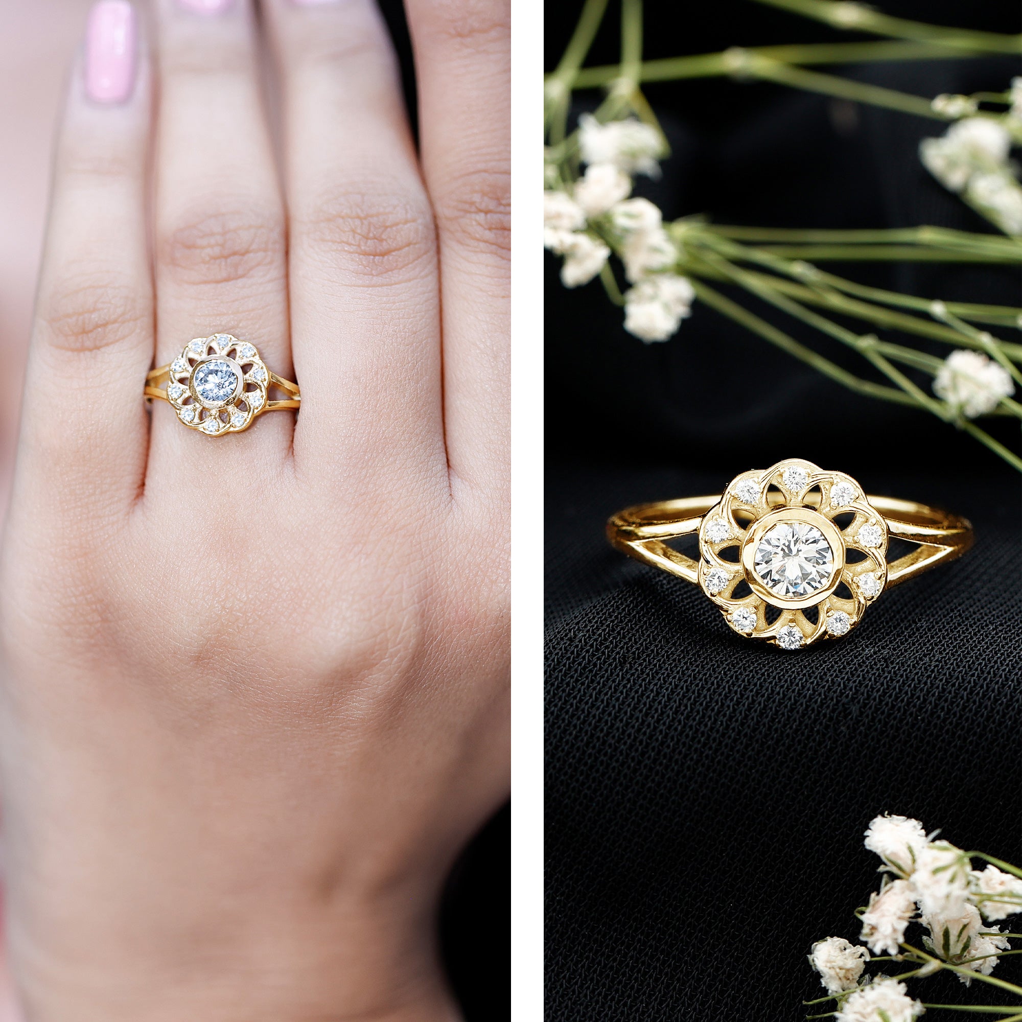 Lab Grown Diamond Nature Inspired Flower Engagement Ring Lab - ( EF-VS ) - Rosec Jewels