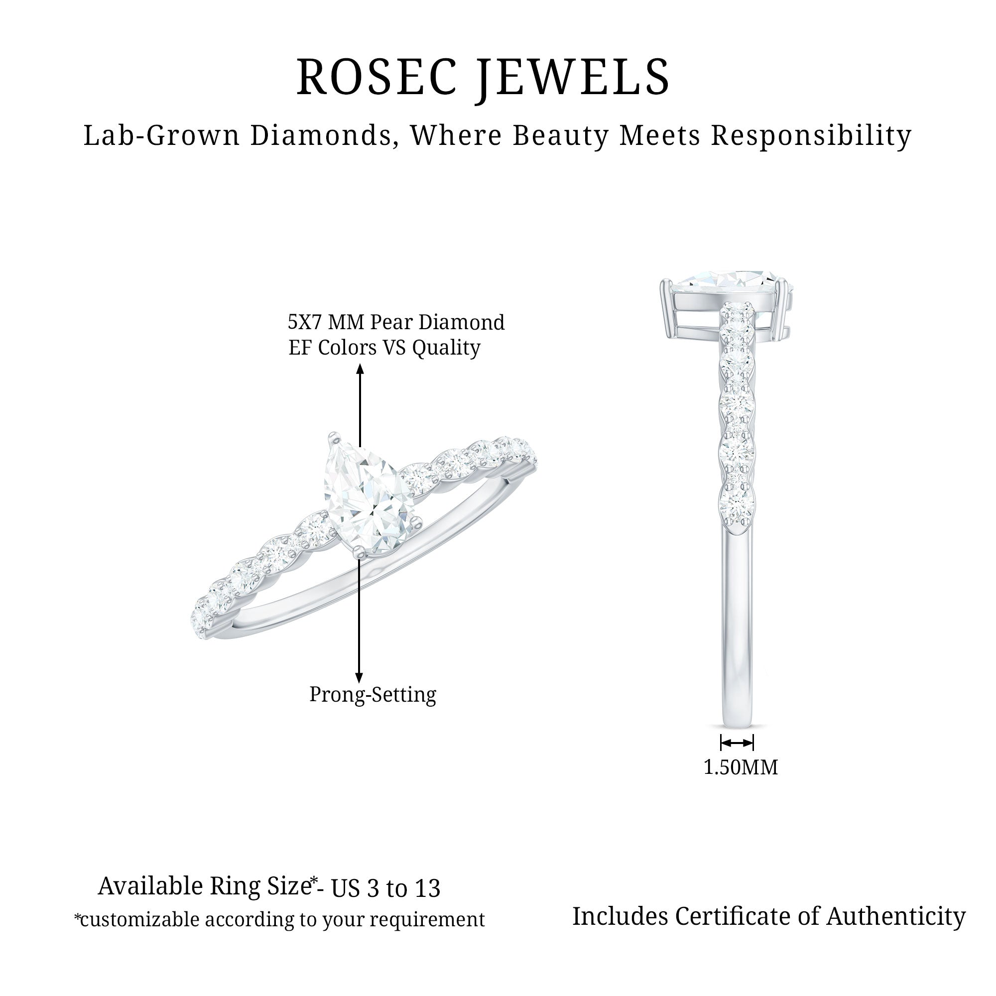 Pear Shape Lab Grown Diamond Solitaire Promise Ring with Side Stones Lab - ( EF-VS ) - Rosec Jewels