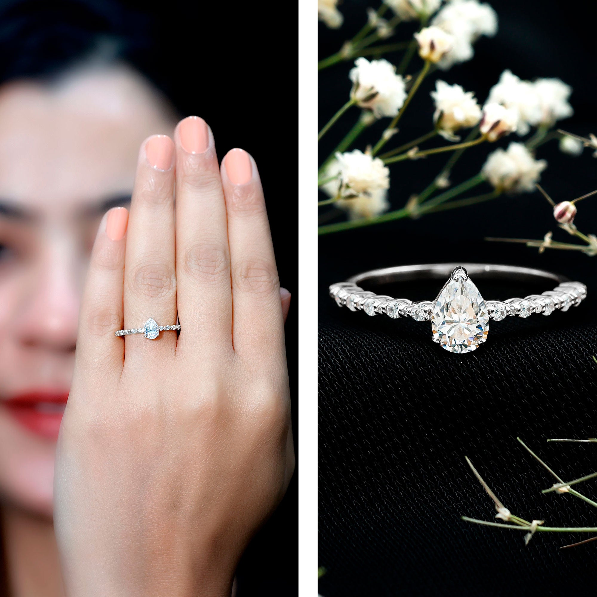Pear Shape Lab Grown Diamond Solitaire Promise Ring with Side Stones Lab - ( EF-VS ) - Rosec Jewels