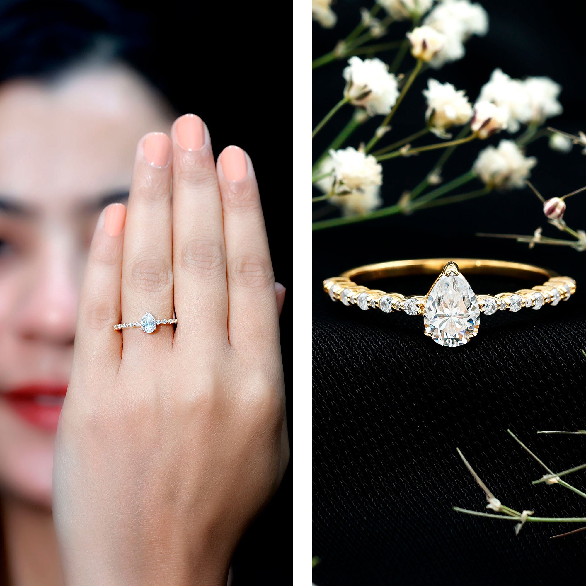 Pear Shape Lab Grown Diamond Solitaire Promise Ring with Side Stones Lab - ( EF-VS ) - Rosec Jewels