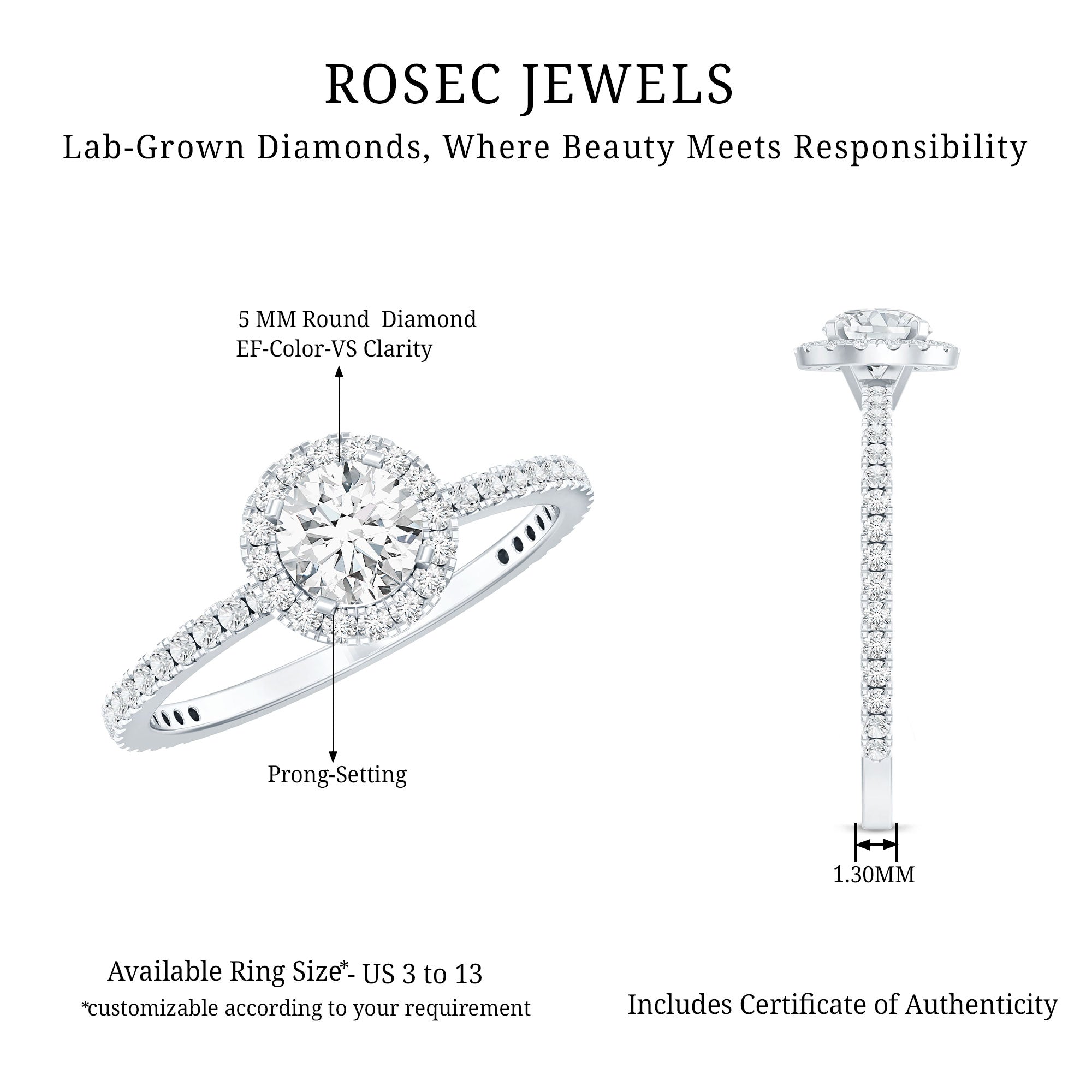 Round Lab Grown Diamond Promise Engagement Ring Lab - ( EF-VS ) - Rosec Jewels