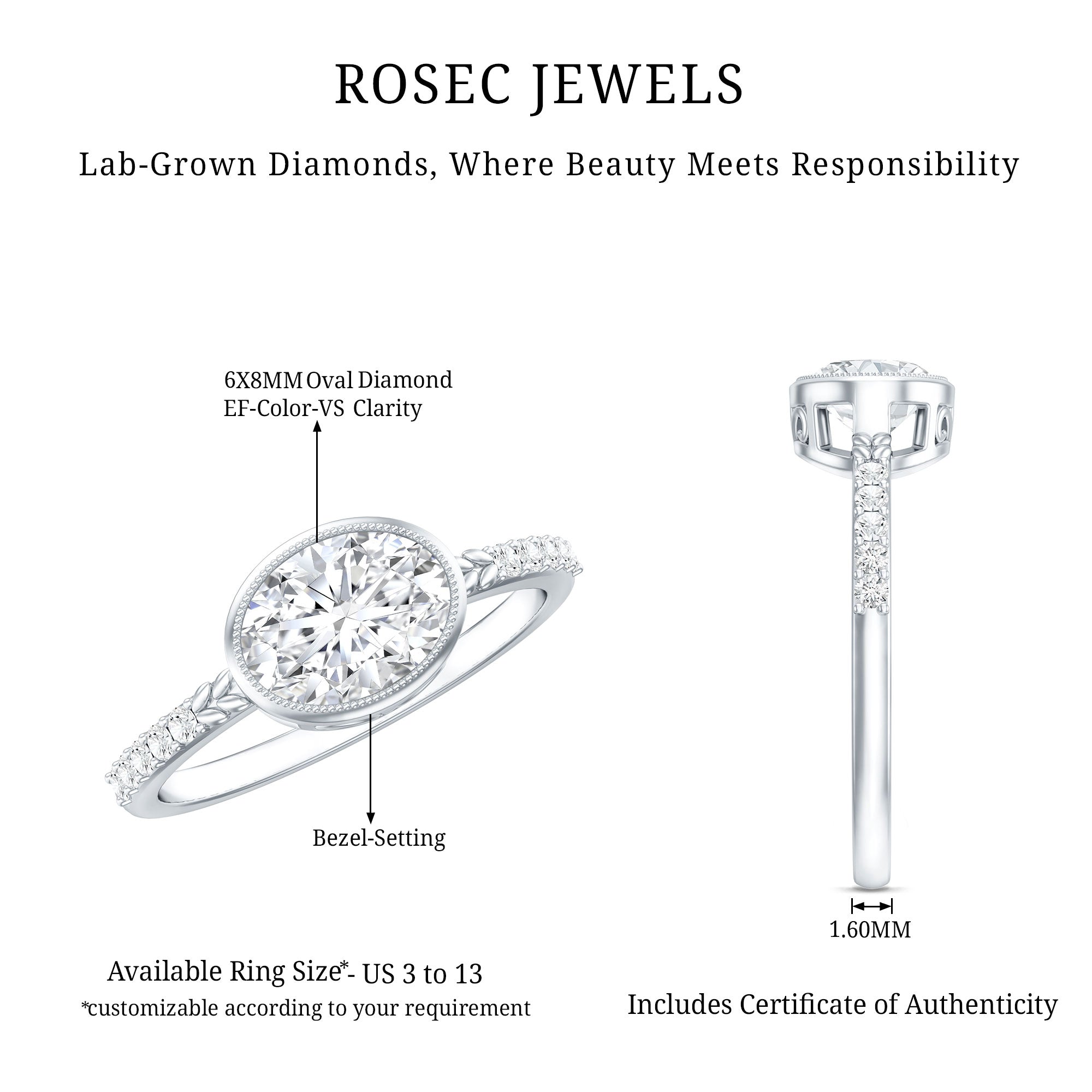 Oval Lab Grown Diamond Solitaire Engagement Ring in Bezel Setting Lab - ( EF-VS ) - Rosec Jewels
