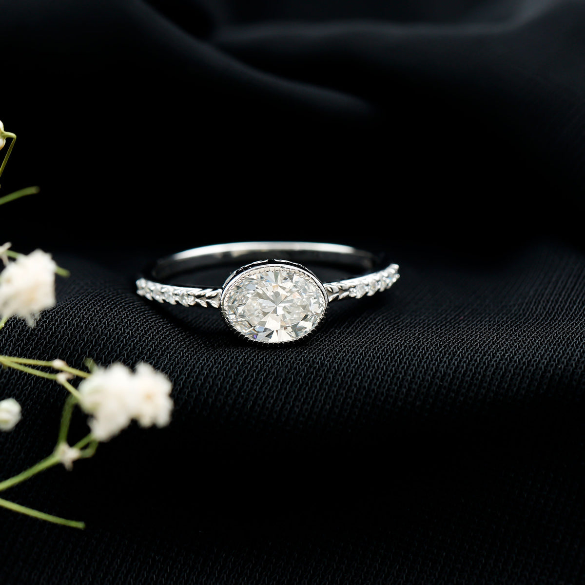 Oval Lab Grown Diamond Solitaire Engagement Ring in Bezel Setting Lab - ( EF-VS ) - Rosec Jewels