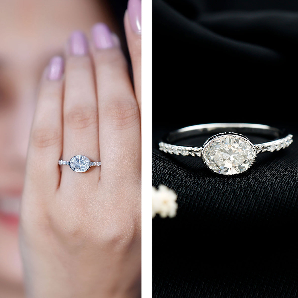 Oval Lab Grown Diamond Solitaire Engagement Ring in Bezel Setting Lab - ( EF-VS ) - Rosec Jewels