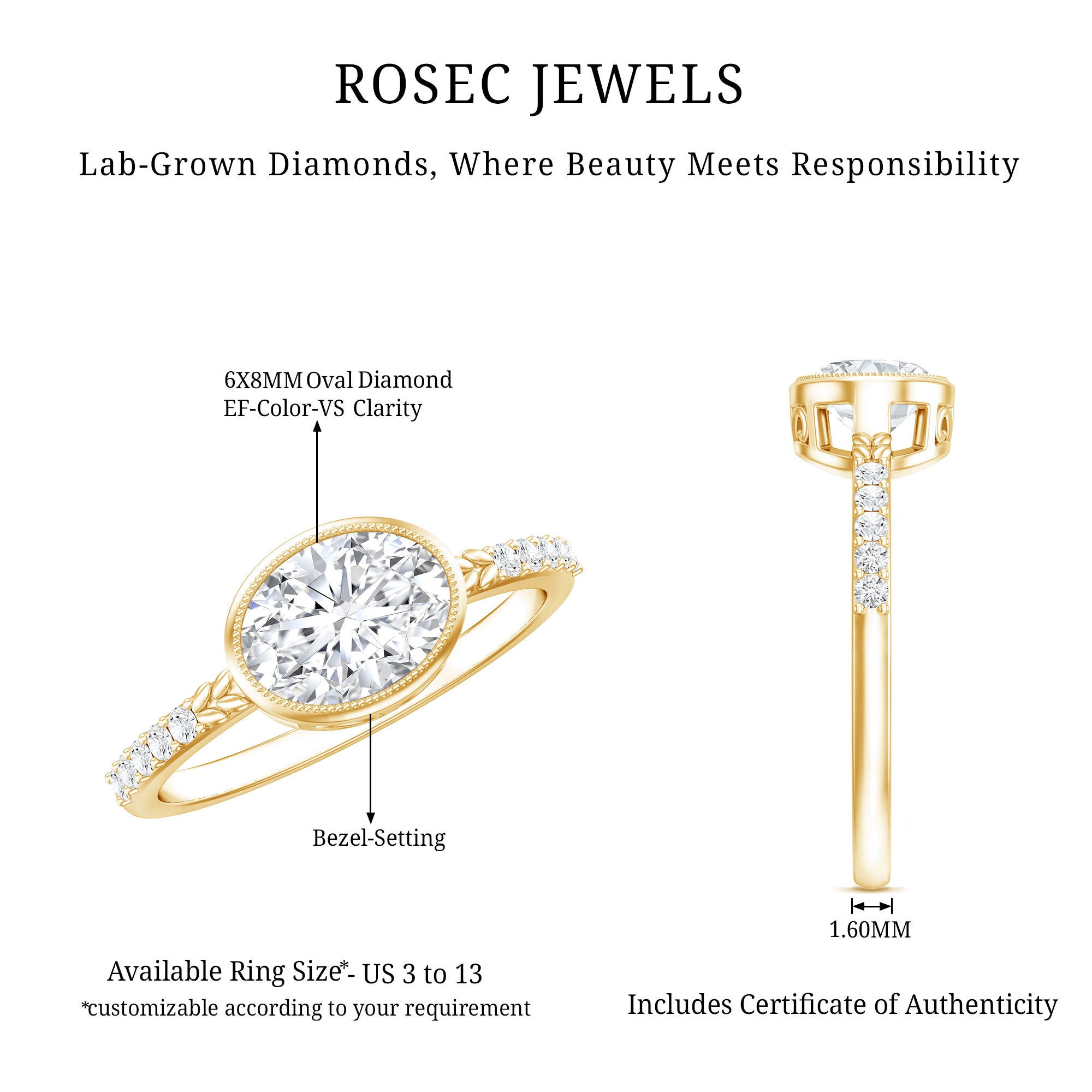Oval Lab Grown Diamond Solitaire Engagement Ring in Bezel Setting Lab - ( EF-VS ) - Rosec Jewels