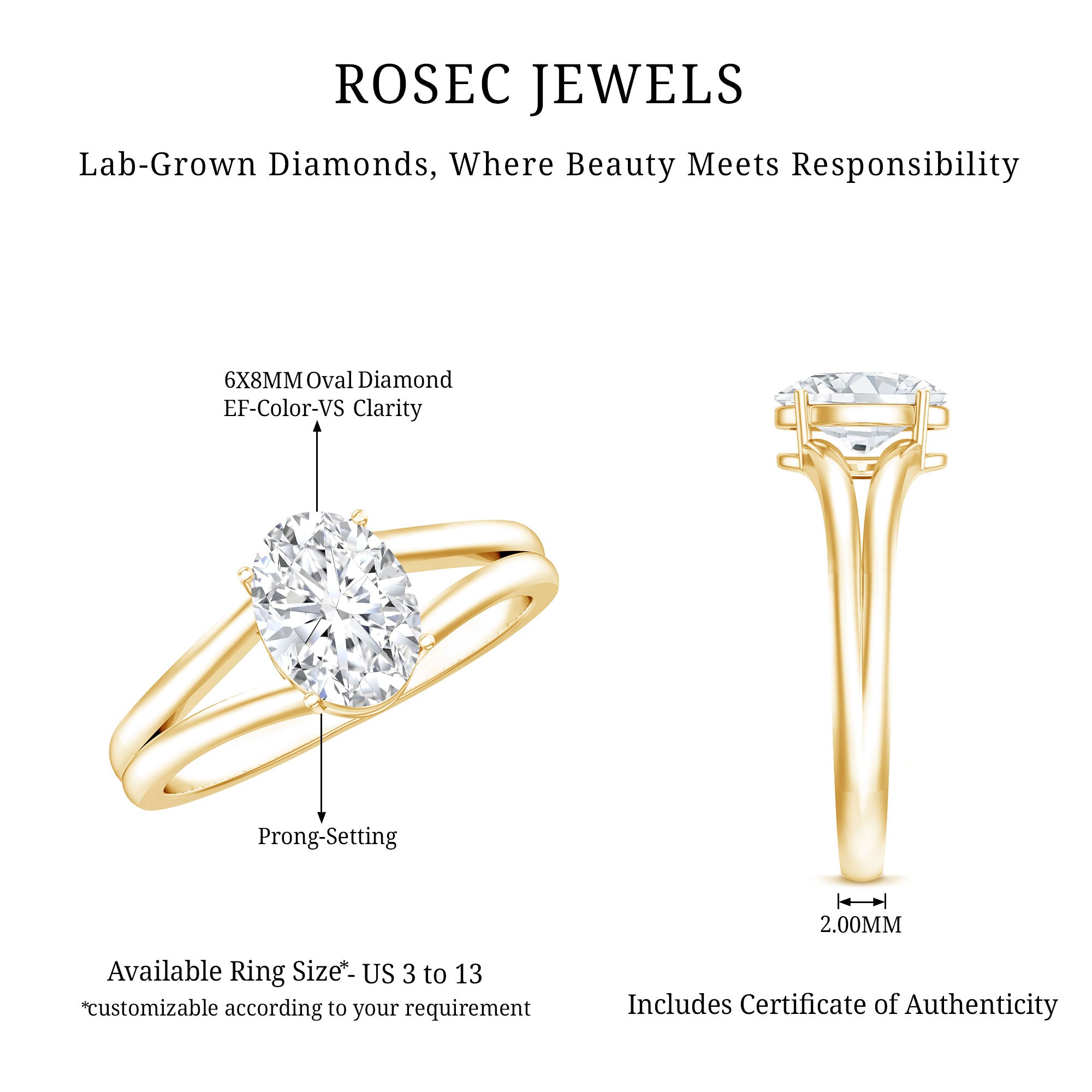 Oval Lab Grown Diamond Solitaire Ring in Split Shank Lab - ( EF-VS ) - Rosec Jewels