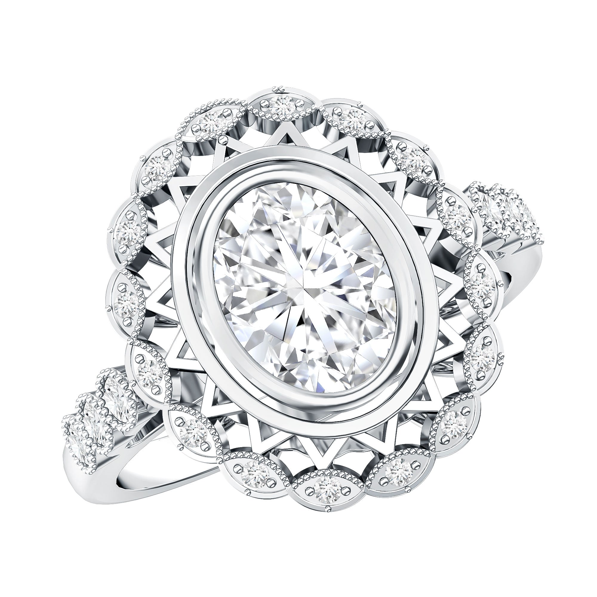 Vintage Style Oval Lab Grown Diamond Statement Engagement Ring Lab - ( EF-VS ) - Rosec Jewels