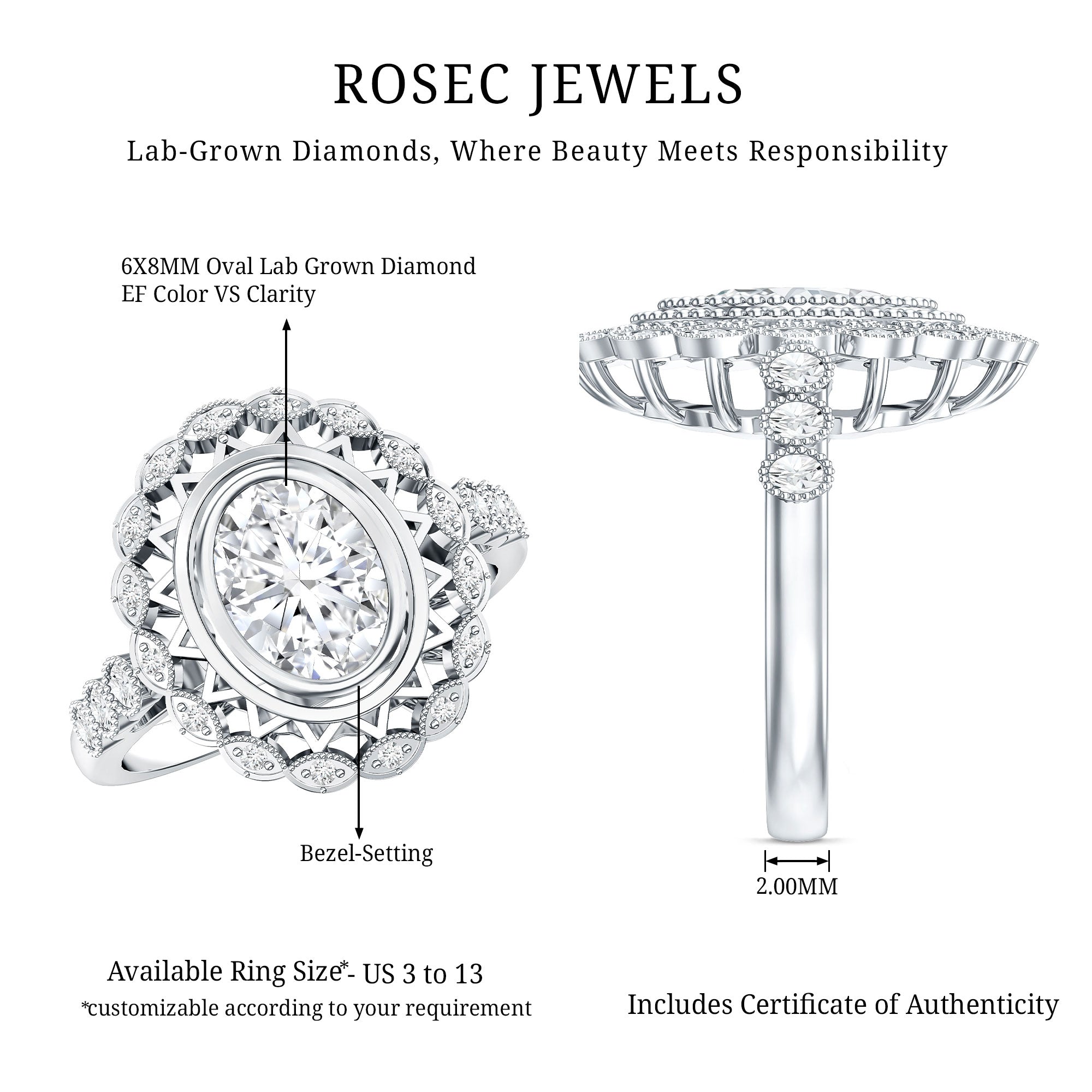 Vintage Style Oval Lab Grown Diamond Statement Engagement Ring Lab - ( EF-VS ) - Rosec Jewels