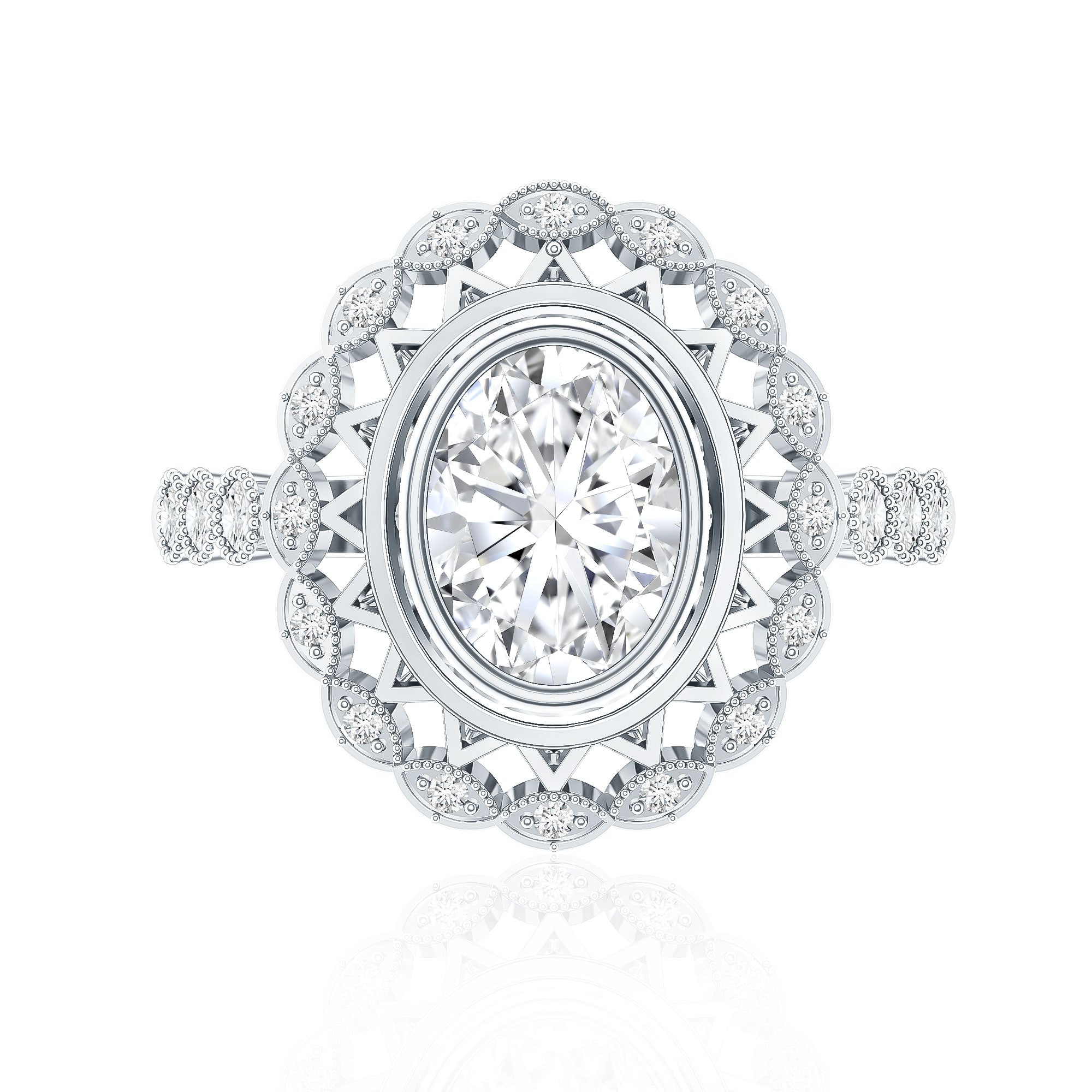 Vintage Style Oval Lab Grown Diamond Statement Engagement Ring Lab - ( EF-VS ) - Rosec Jewels