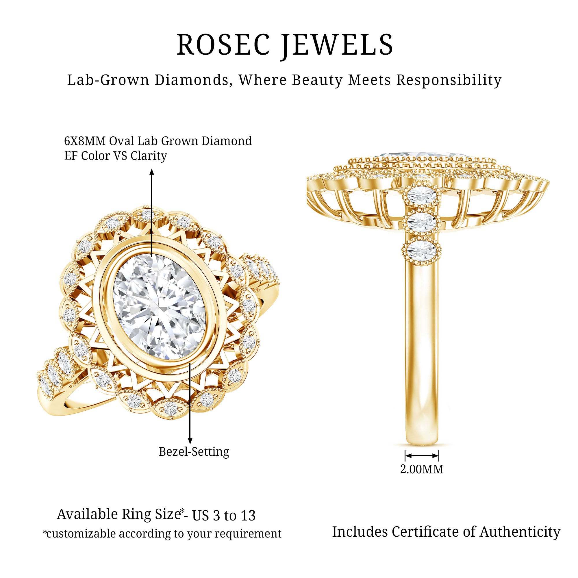 Vintage Style Oval Lab Grown Diamond Statement Engagement Ring Lab - ( EF-VS ) - Rosec Jewels