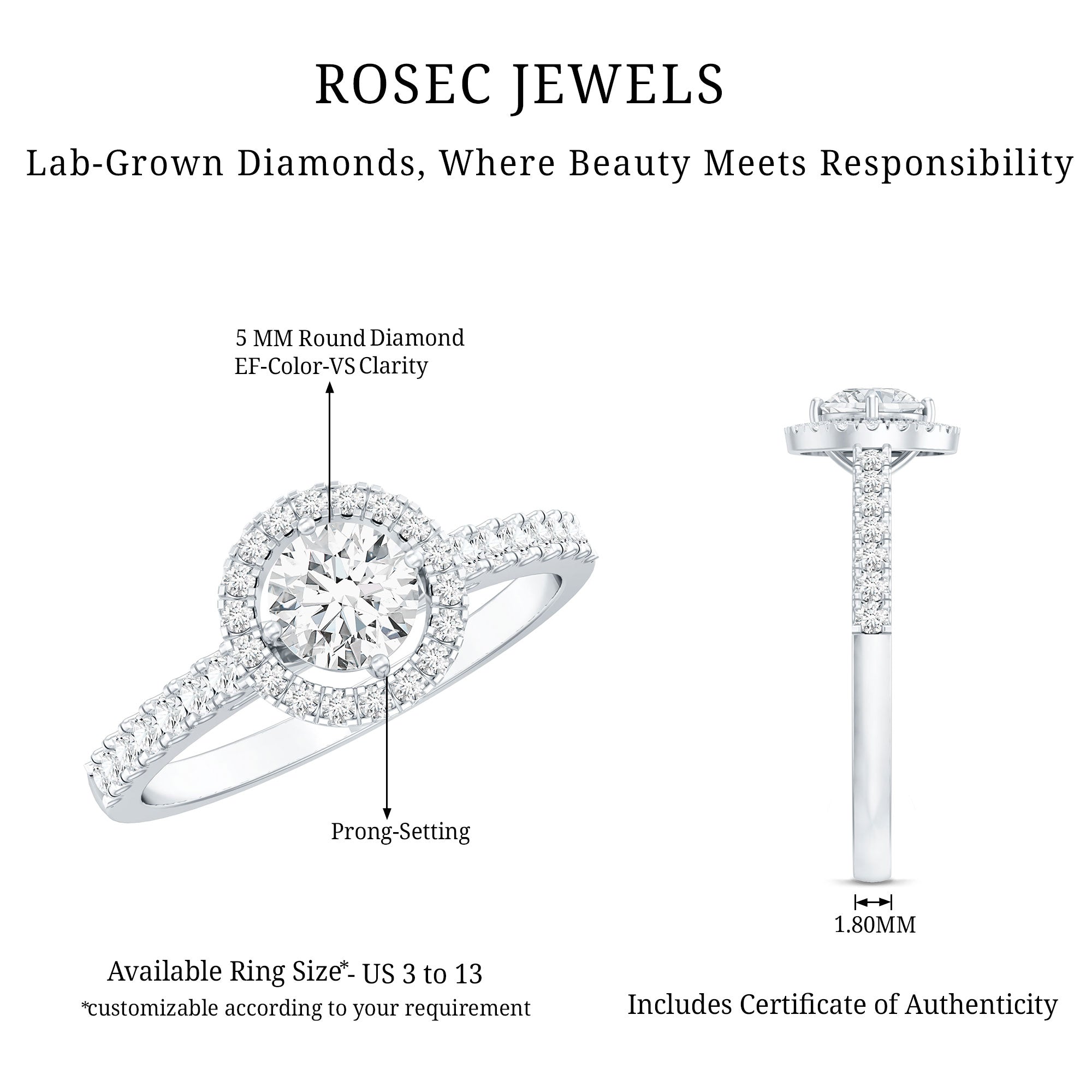 5MM Lab Grown Diamond Engagement Ring with Halo Lab - ( EF-VS ) - Rosec Jewels