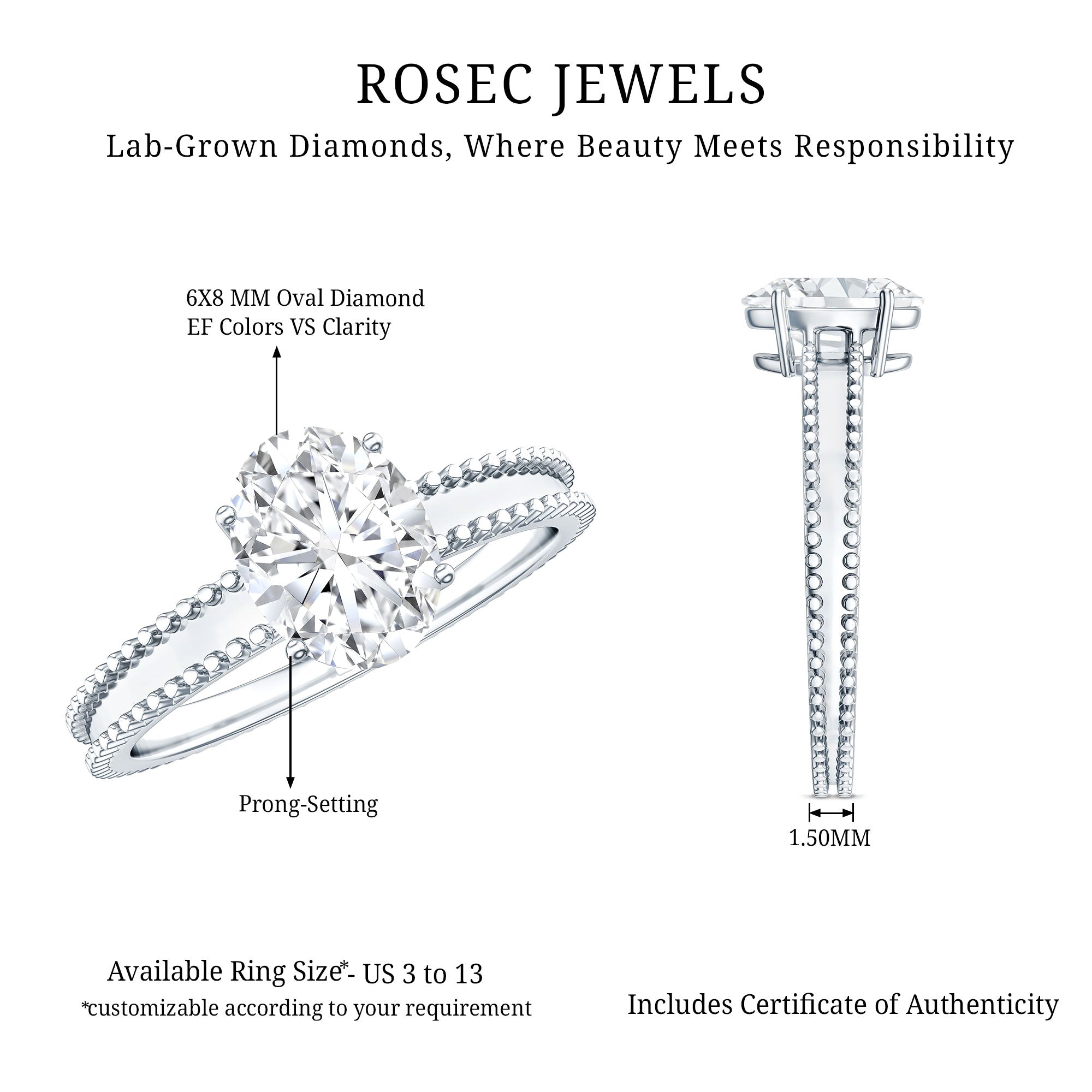 Oval Shaped Lab Grown Diamond Solitaire Ring with Beaded Detailing Lab - ( EF-VS ) - Rosec Jewels