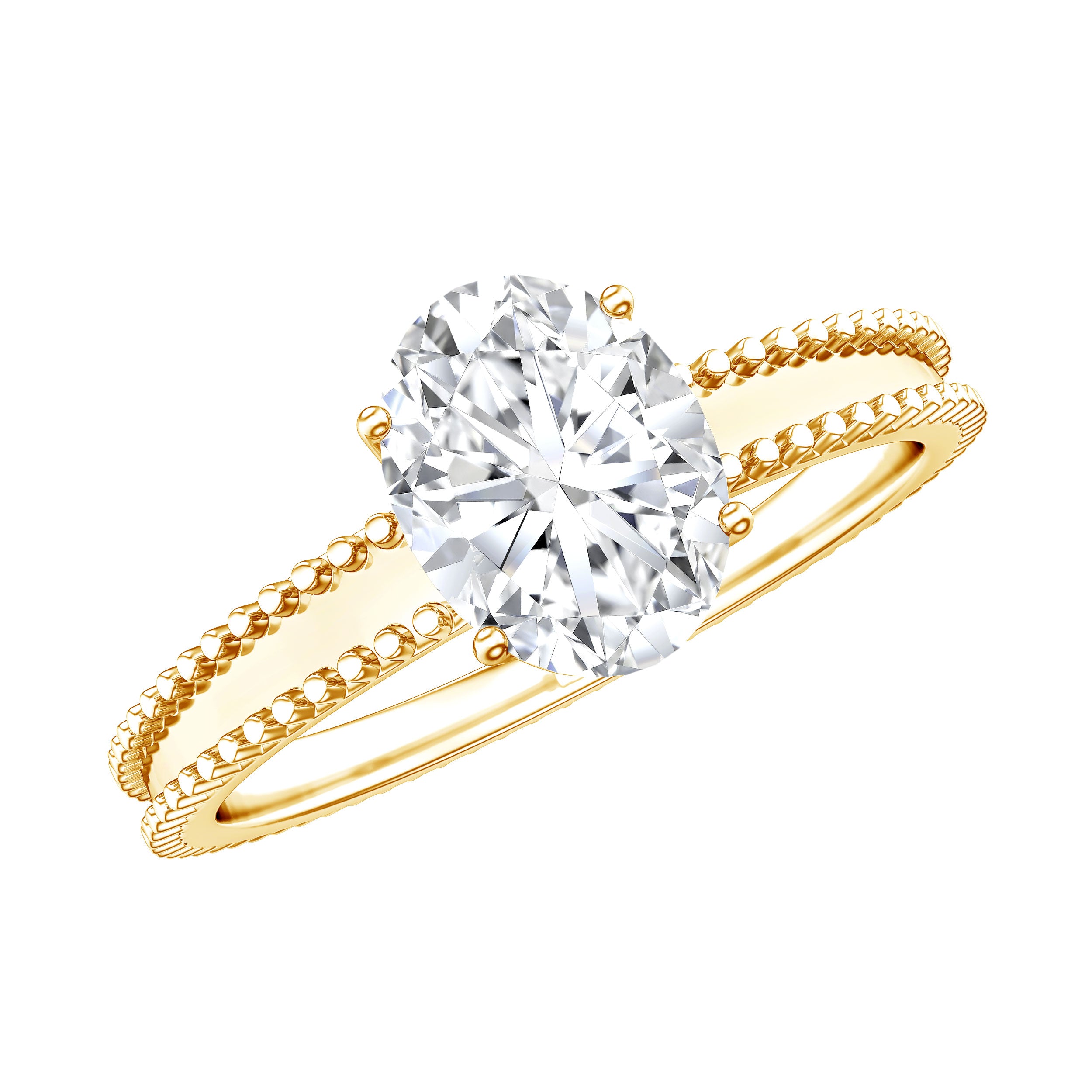 Oval Shaped Lab Grown Diamond Solitaire Ring with Beaded Detailing Lab - ( EF-VS ) - Rosec Jewels
