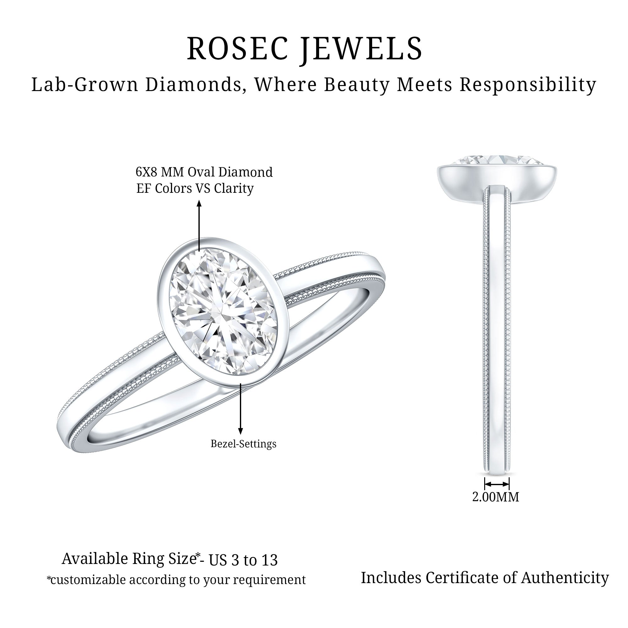 Bezel Set Oval Lab Grown Diamond Solitaire Ring Lab - ( EF-VS ) - Rosec Jewels