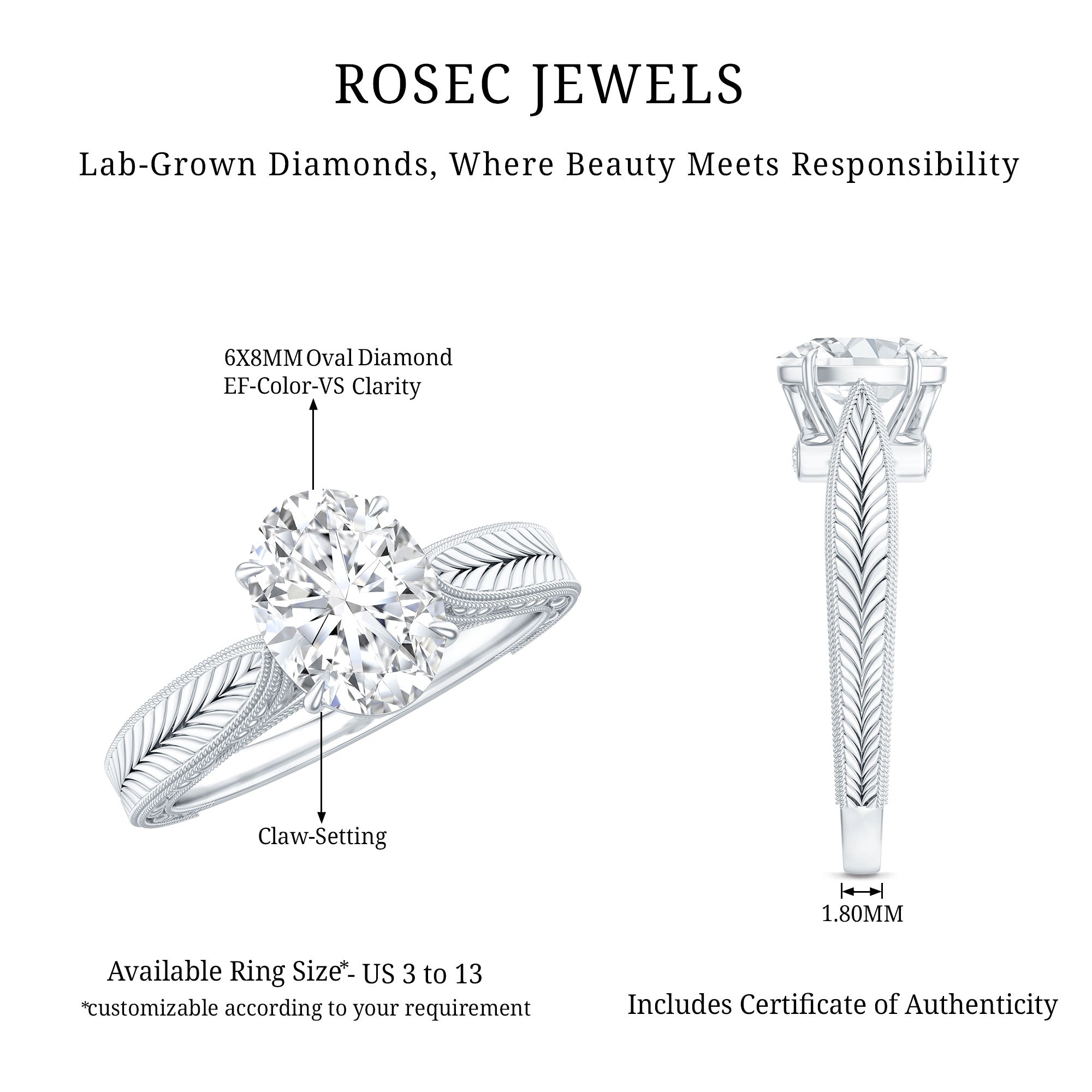 Claw Set Oval Shape Lab Grown Diamond Solitaire Engagement Ring Lab - ( EF-VS ) - Rosec Jewels