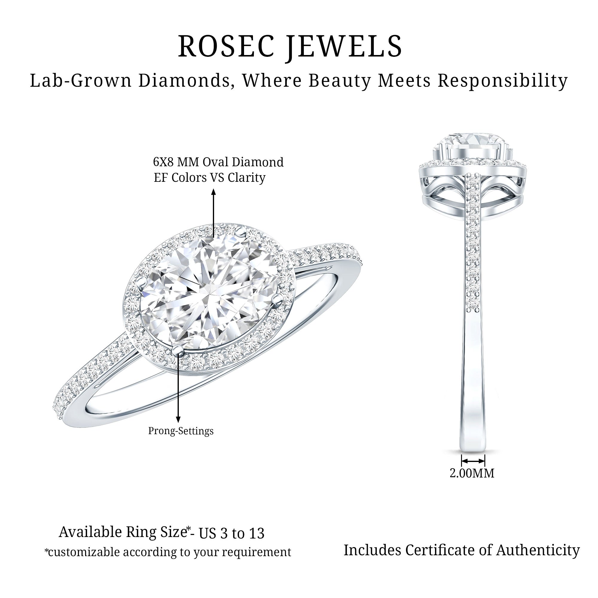 Oval Shape Lab Grown Diamond Engagement Ring with Halo Lab - ( EF-VS ) - Rosec Jewels