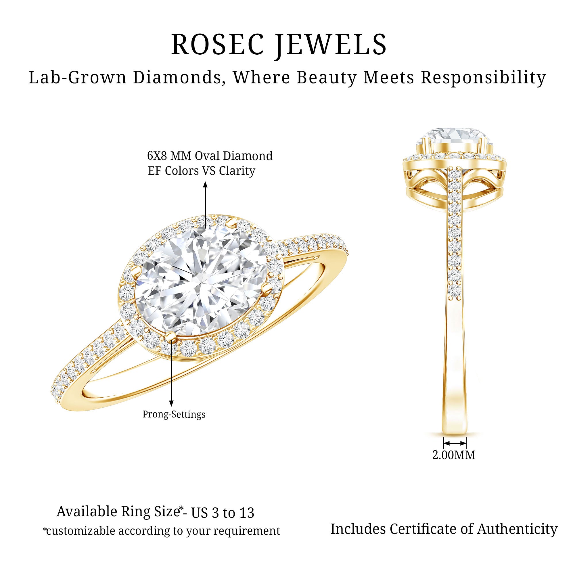 Oval Shape Lab Grown Diamond Engagement Ring with Halo Lab - ( EF-VS ) - Rosec Jewels
