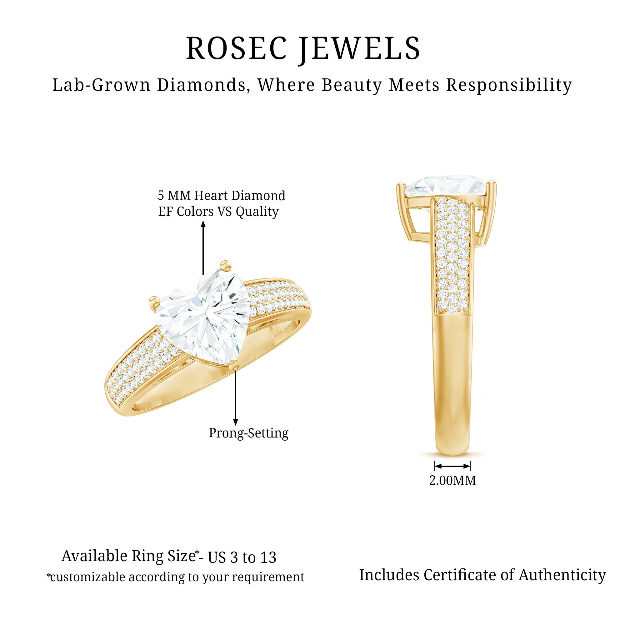 Heart Shape Lab Grown Diamond Solitaire Ring with Side Stones Lab - ( EF-VS ) - Rosec Jewels