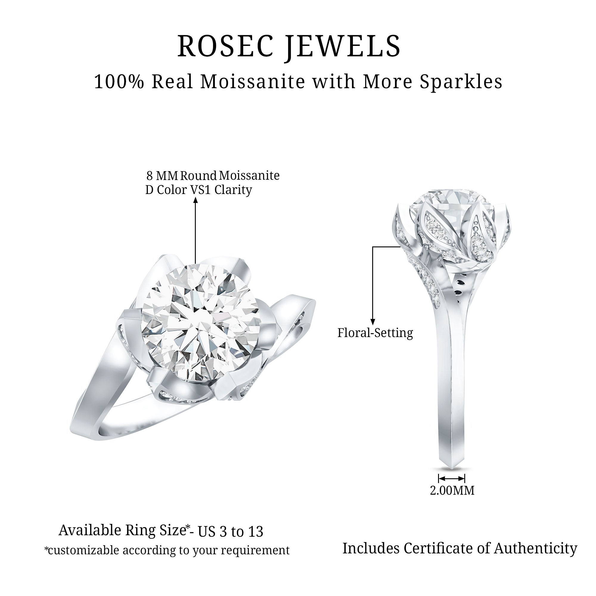 2 Carat Moissanite Floral Engagement Ring with Bypass Shank D-VS1 92.5 Sterling Silver - Rosec Jewels