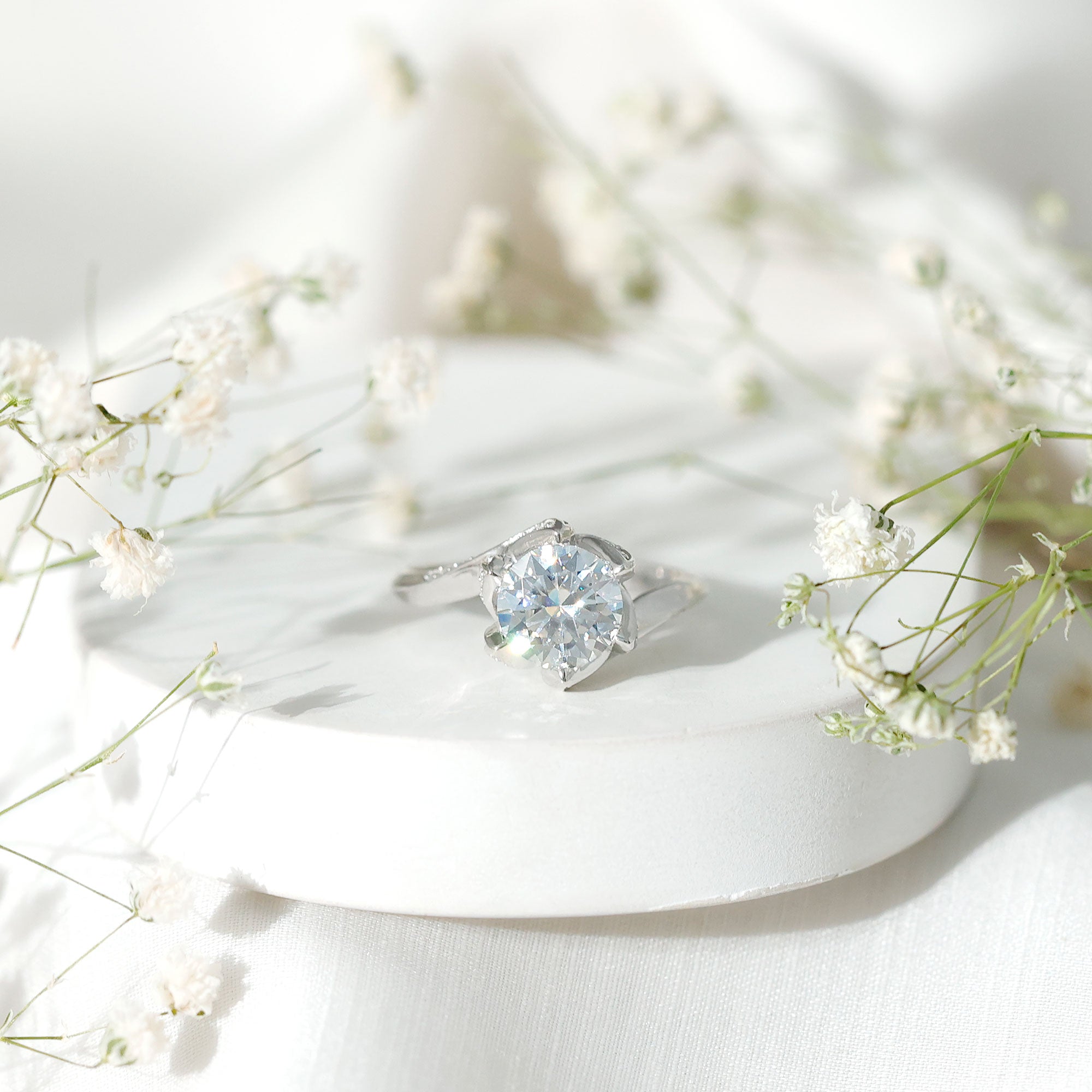 2 Carat Moissanite Floral Engagement Ring with Bypass Shank D-VS1 92.5 Sterling Silver - Rosec Jewels