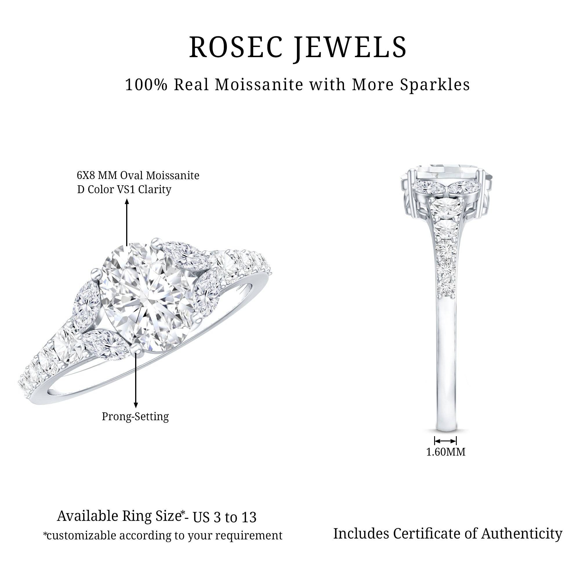 1.2 Carat Oval Moissanite Designer Engagement Ring in 14k Gold Plated Silver D-VS1 92.5 Sterling Silver - Rosec Jewels