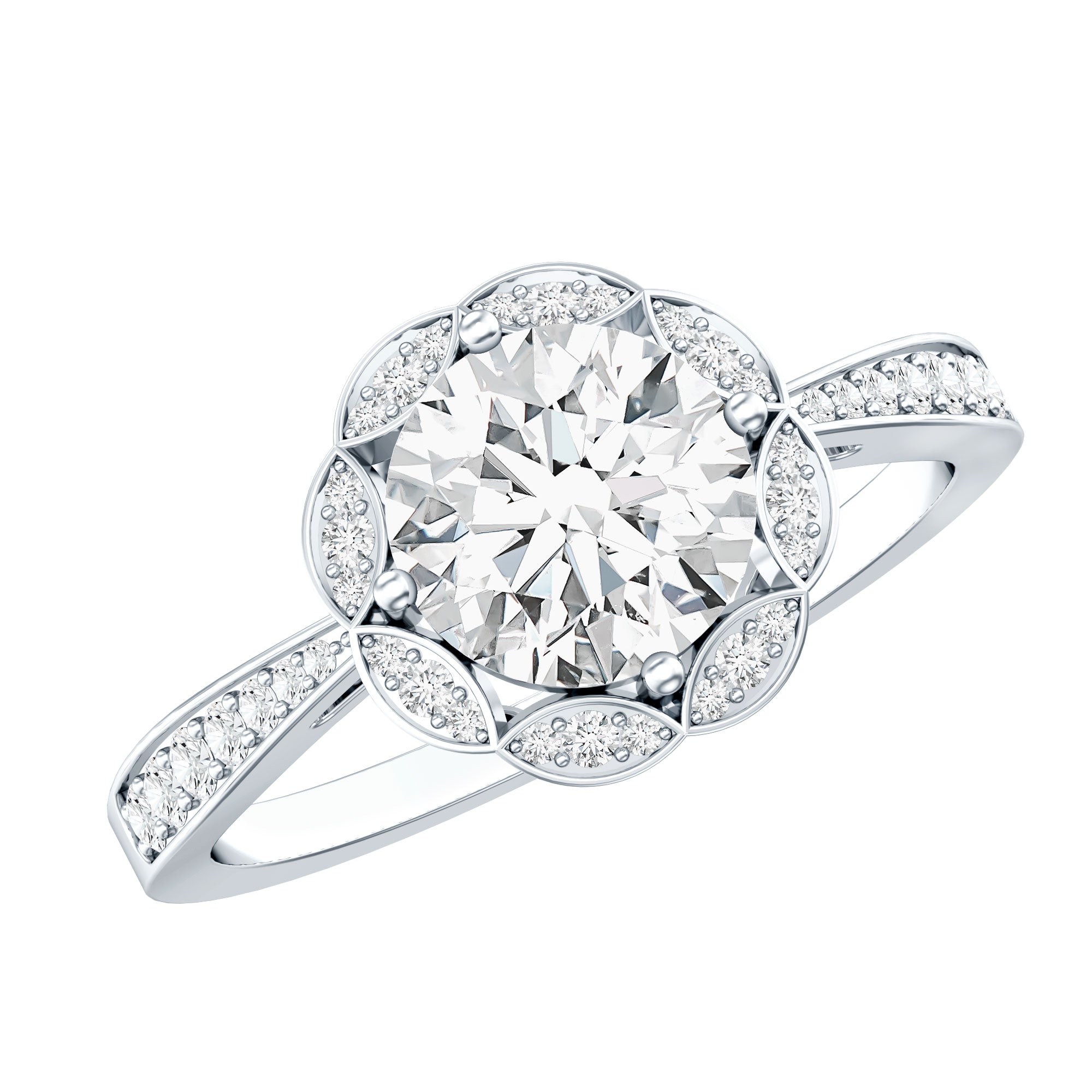 Certified Moissanite Designer Halo Engagement Ring in Gold Plated Silver D-VS1 92.5 Sterling Silver - Rosec Jewels