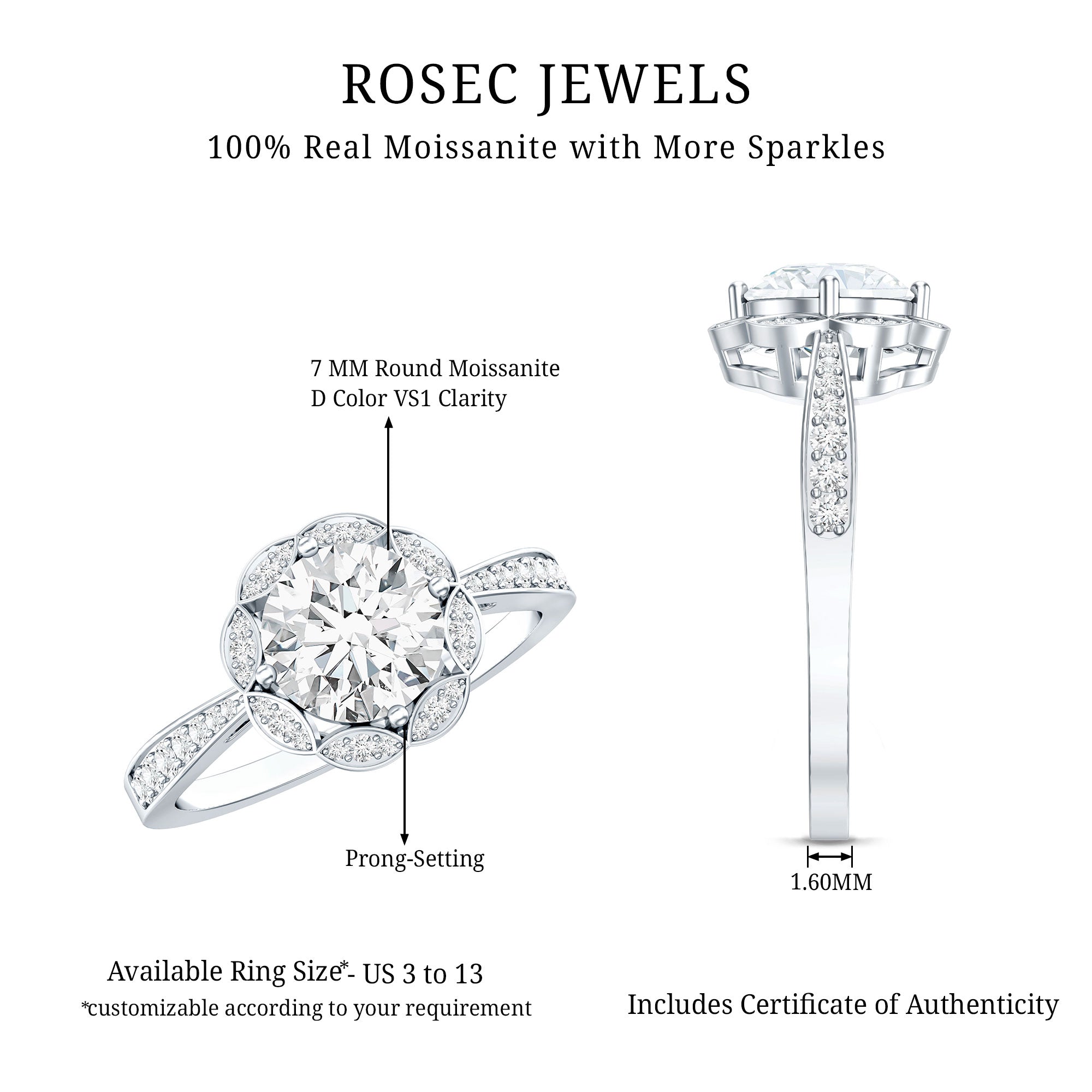 Certified Moissanite Designer Halo Engagement Ring in Gold Plated Silver D-VS1 92.5 Sterling Silver - Rosec Jewels