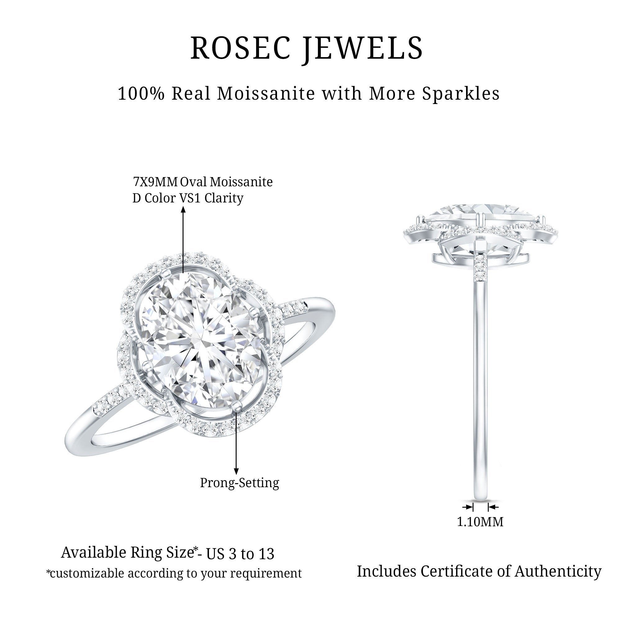 Certified 2 Carat Moissanite Vintage Inspired Engagement Ring in Silver D-VS1 92.5 Sterling Silver - Rosec Jewels
