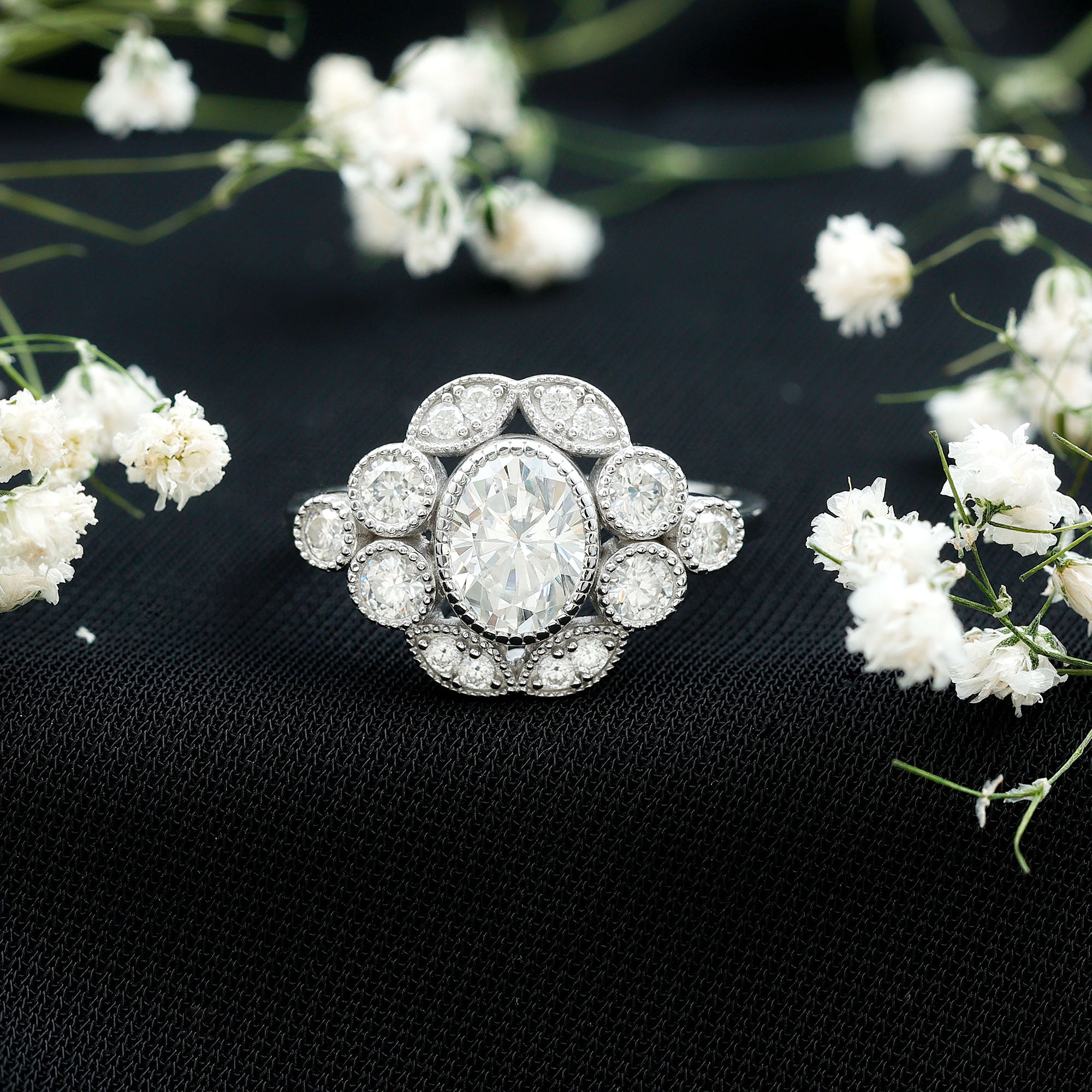 Certified 1.2 Carat Oval Moissanite Statement Engagement Ring D-VS1 92.5 Sterling Silver - Rosec Jewels