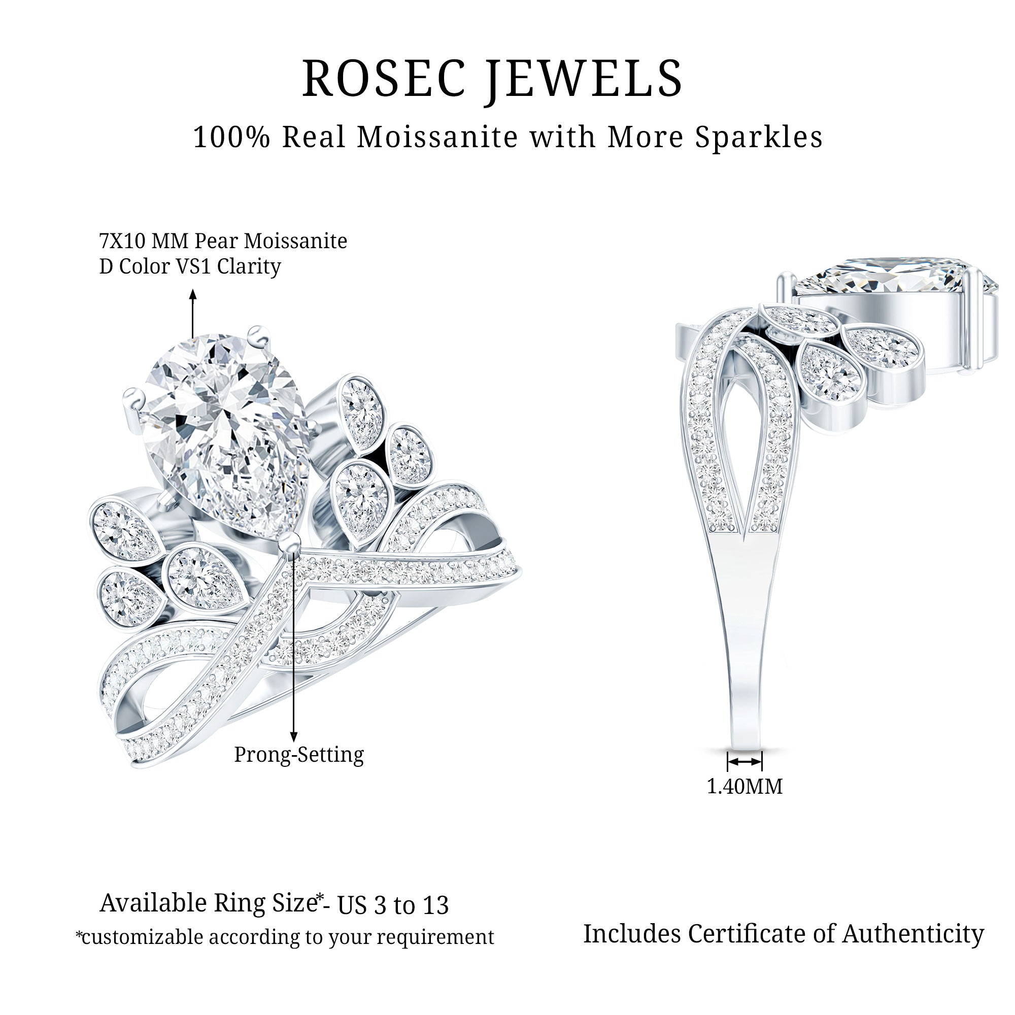 Vintage Inspired Moissanite Huge Engagement Ring D-VS1 92.5 Sterling Silver - Rosec Jewels