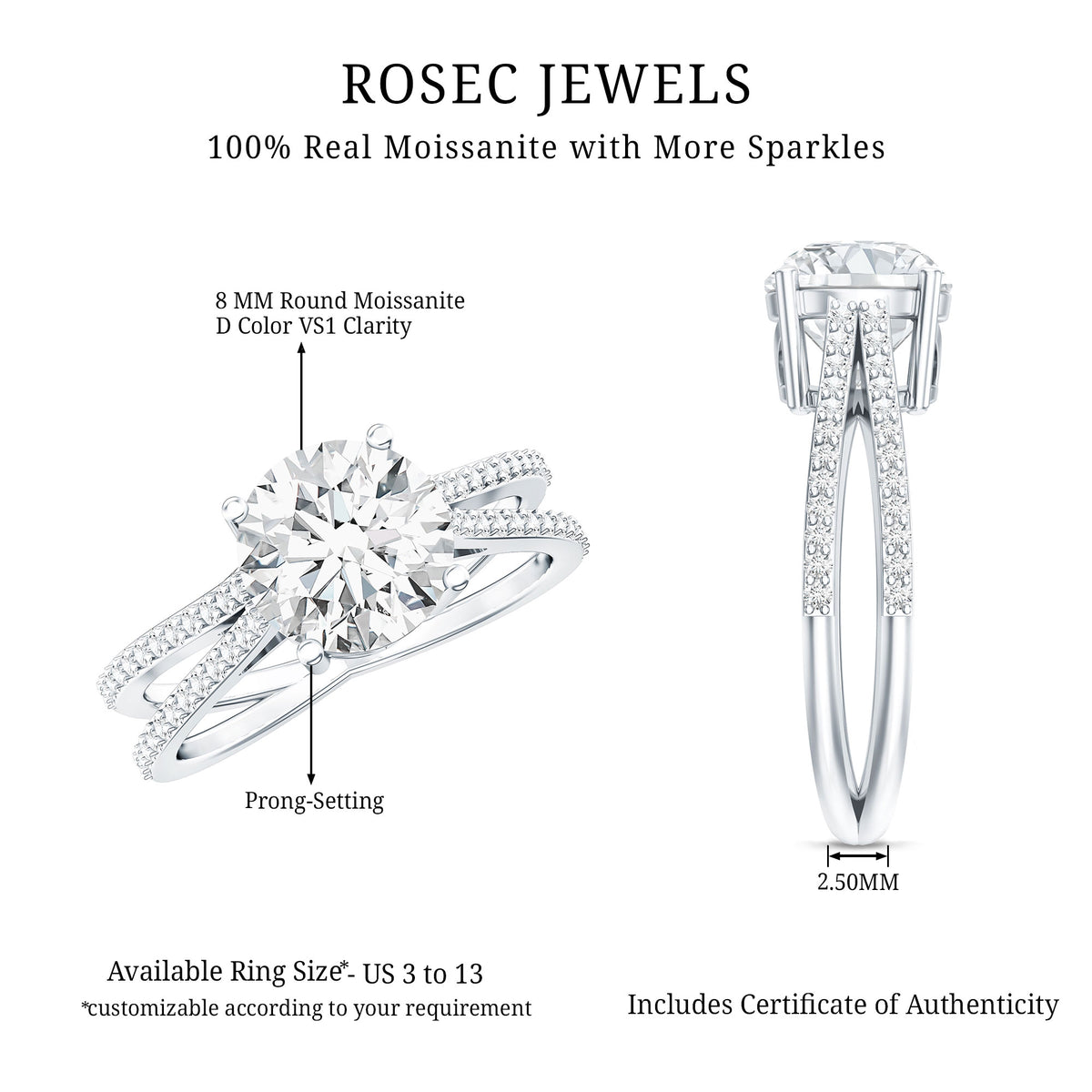 Solitaire Moissanite 2 Carat Engagement Ring with Split Shank D-VS1 92.5 Sterling Silver - Rosec Jewels