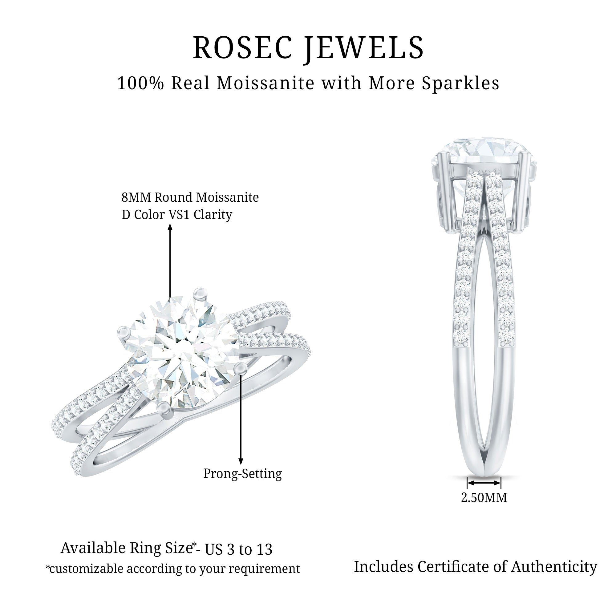 Solitaire Moissanite 2 Carat Engagement Ring with Split Shank D-VS1 92.5 Sterling Silver - Rosec Jewels