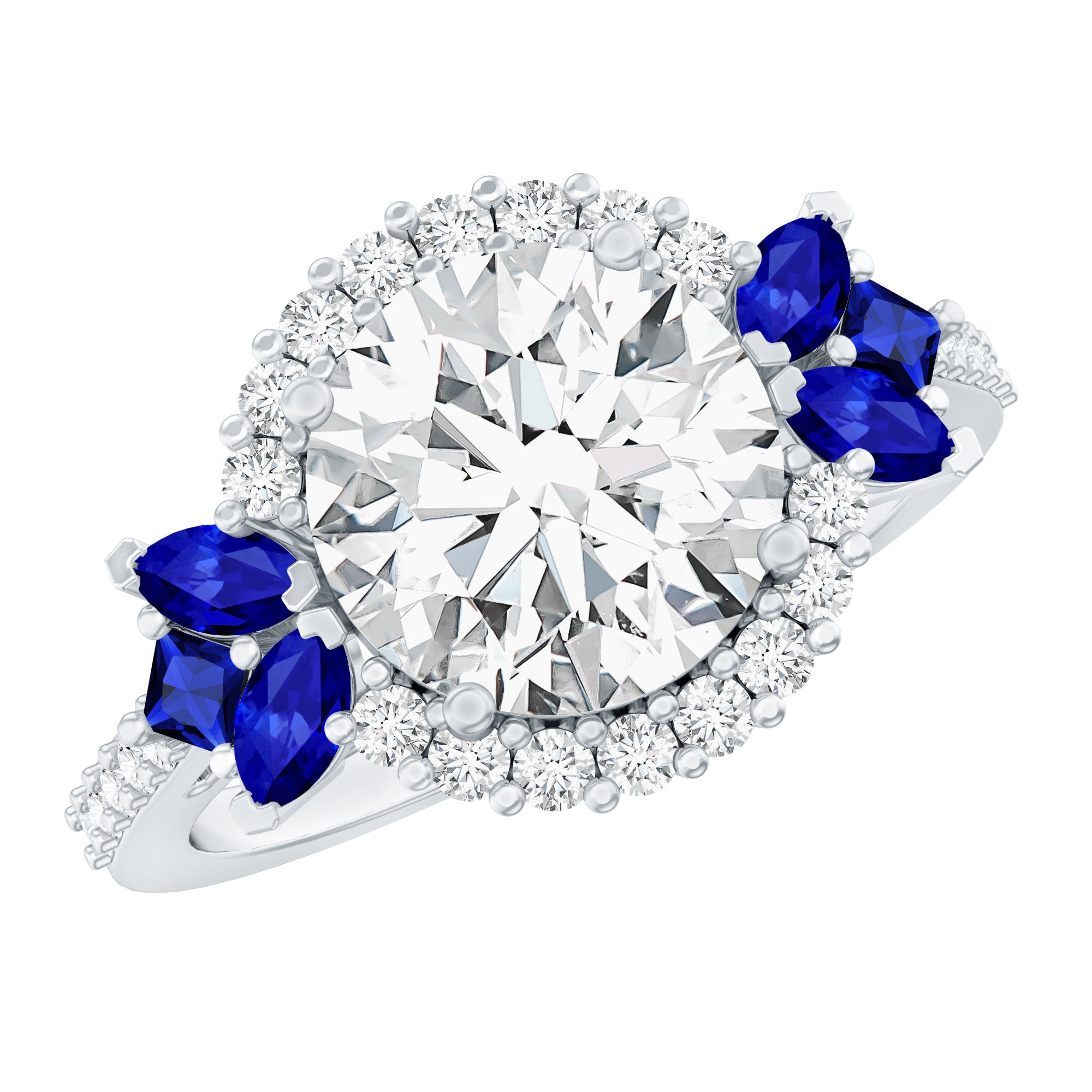Certified Moissanite 3 Carat Engagement Ring with Lab Grown Blue Sapphire D-VS1 92.5 Sterling Silver - Rosec Jewels