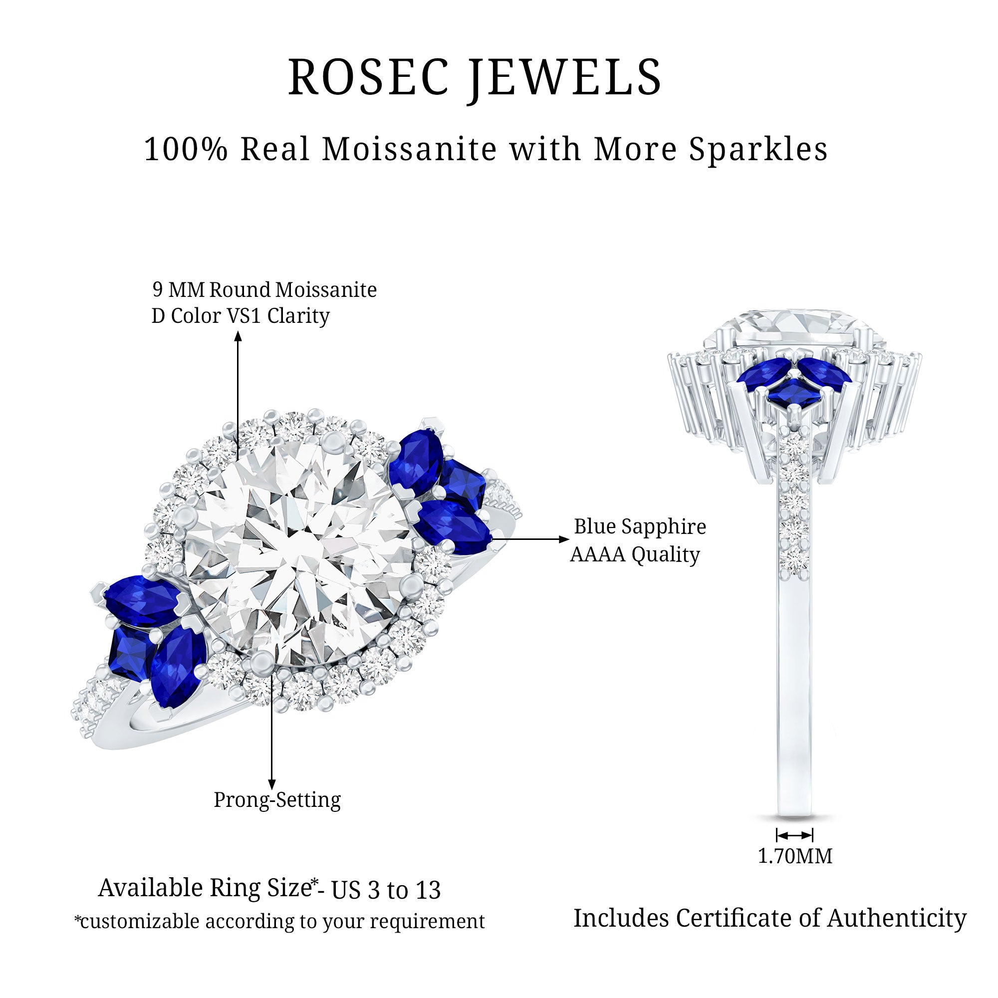 Certified Moissanite 3 Carat Engagement Ring with Lab Grown Blue Sapphire D-VS1 92.5 Sterling Silver - Rosec Jewels