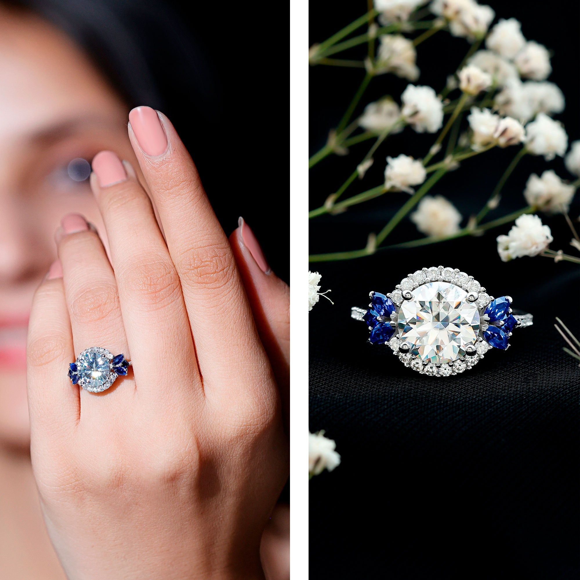 Certified Moissanite 3 Carat Engagement Ring with Lab Grown Blue Sapphire D-VS1 92.5 Sterling Silver - Rosec Jewels