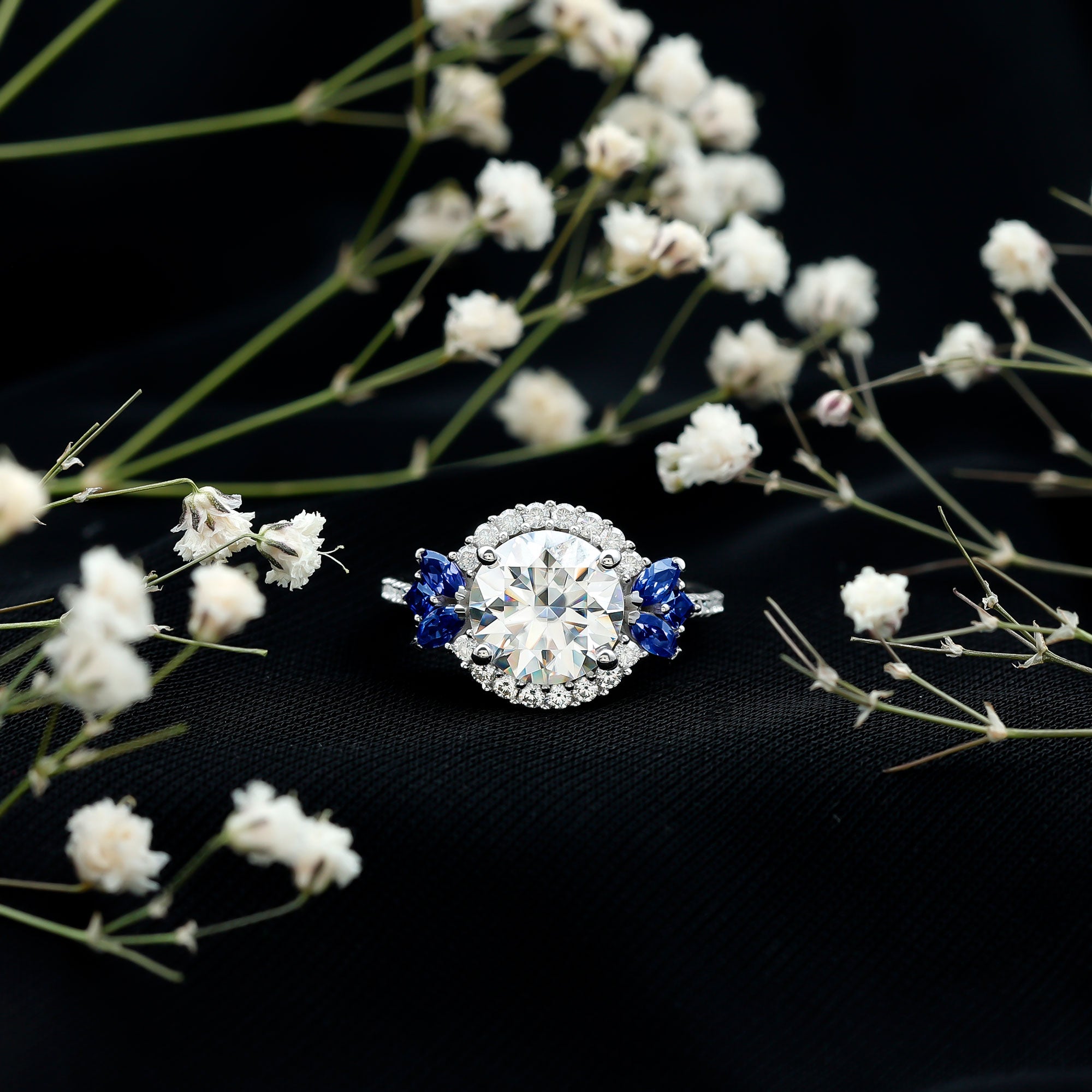 Certified Moissanite 3 Carat Engagement Ring with Lab Grown Blue Sapphire D-VS1 92.5 Sterling Silver - Rosec Jewels