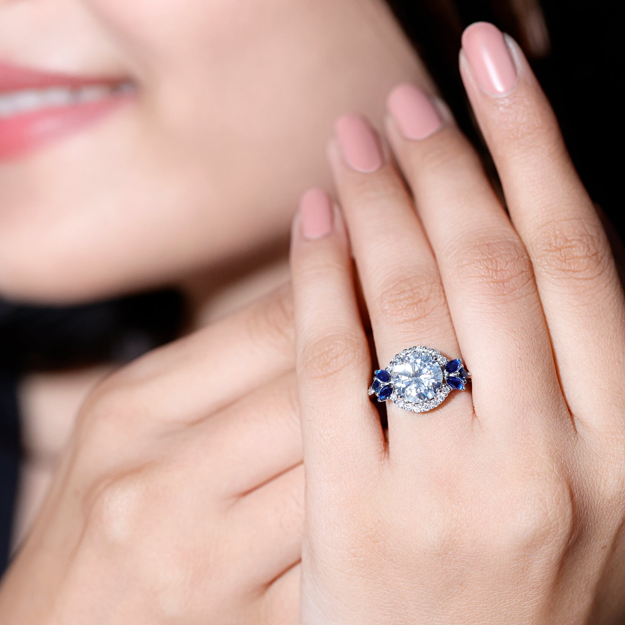 Certified Moissanite 3 Carat Engagement Ring with Lab Grown Blue Sapphire D-VS1 92.5 Sterling Silver - Rosec Jewels