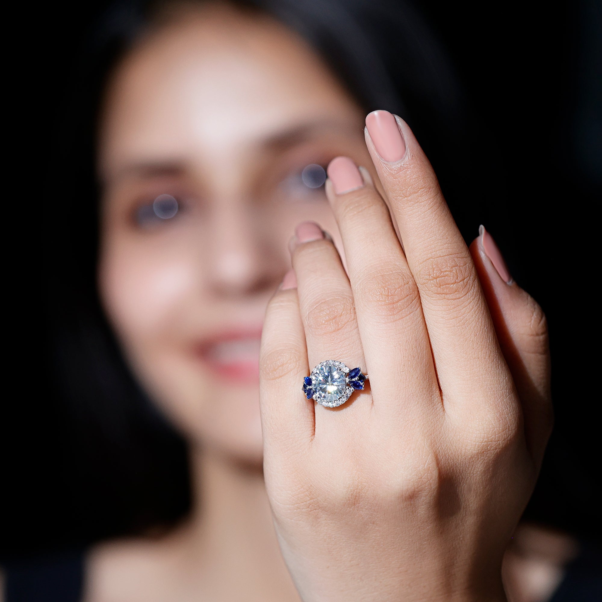 Certified Moissanite 3 Carat Engagement Ring with Lab Grown Blue Sapphire D-VS1 92.5 Sterling Silver - Rosec Jewels