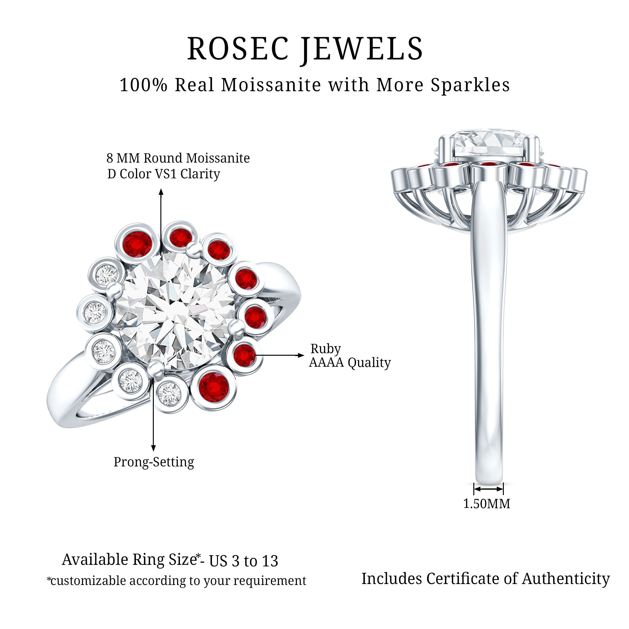 Certified 2 Carat Moissanite Designer Engagement Ring with Lab Grown Ruby D-VS1 92.5 Sterling Silver - Rosec Jewels
