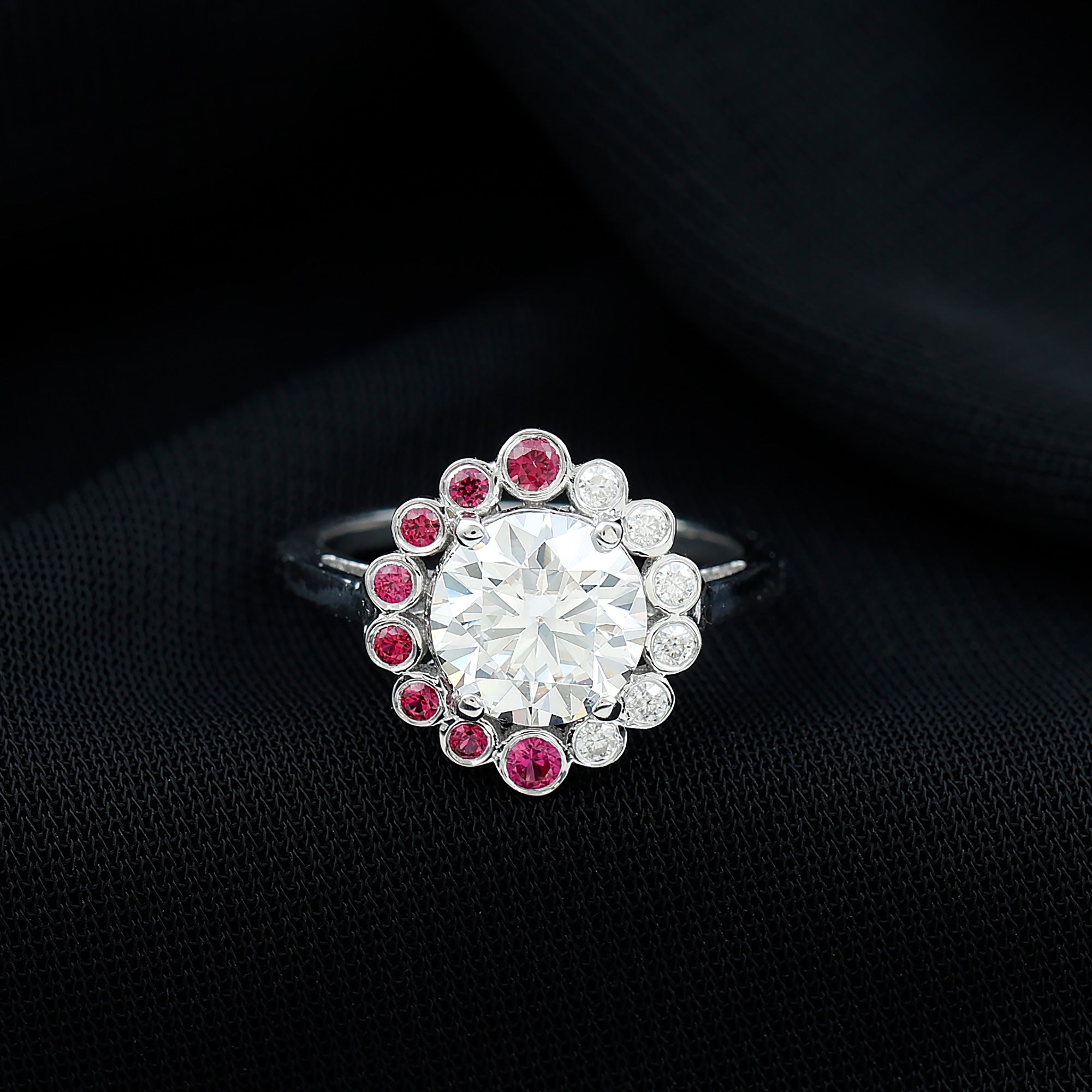 Certified 2 Carat Moissanite Designer Engagement Ring with Lab Grown Ruby D-VS1 92.5 Sterling Silver - Rosec Jewels