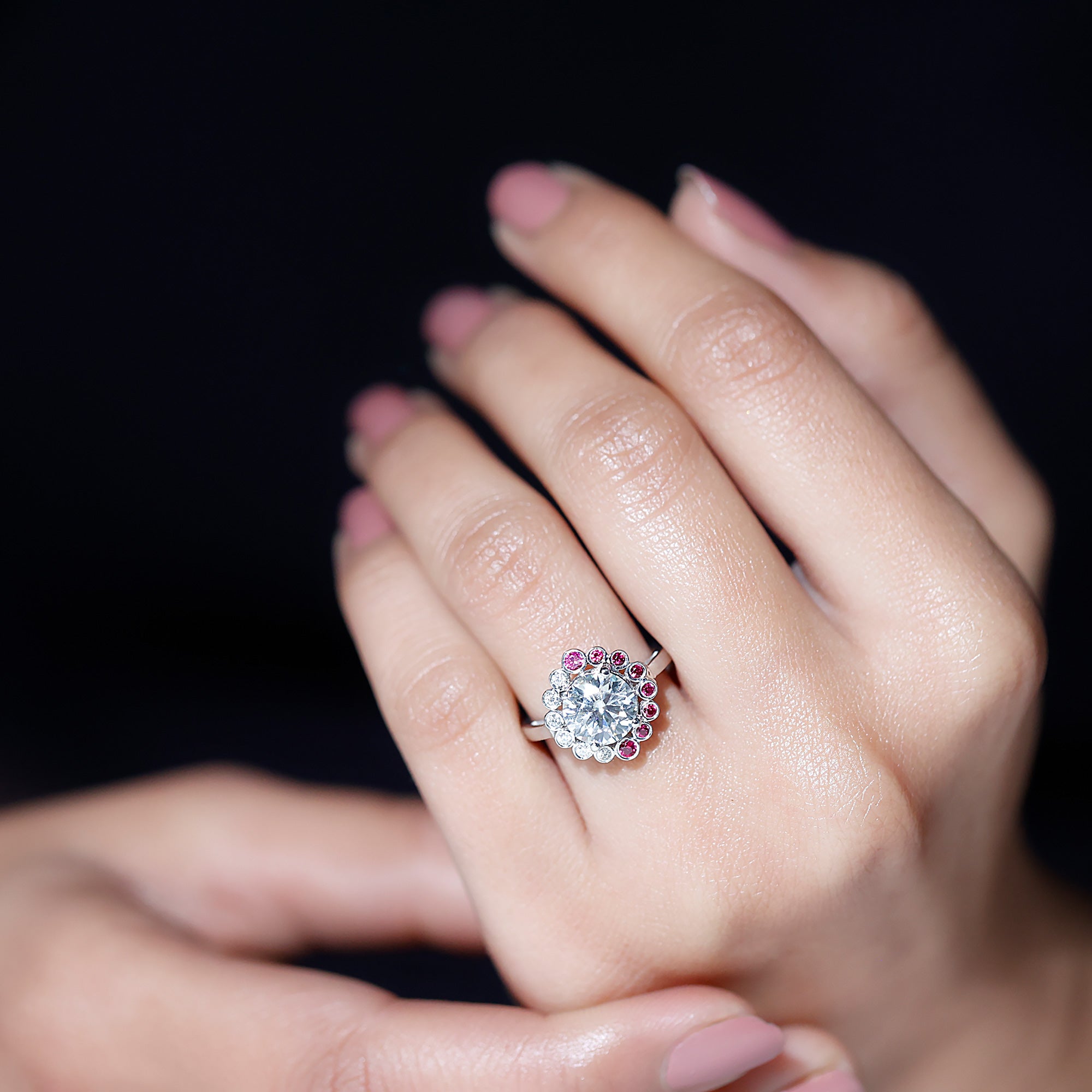 Certified 2 Carat Moissanite Designer Engagement Ring with Lab Grown Ruby D-VS1 92.5 Sterling Silver - Rosec Jewels