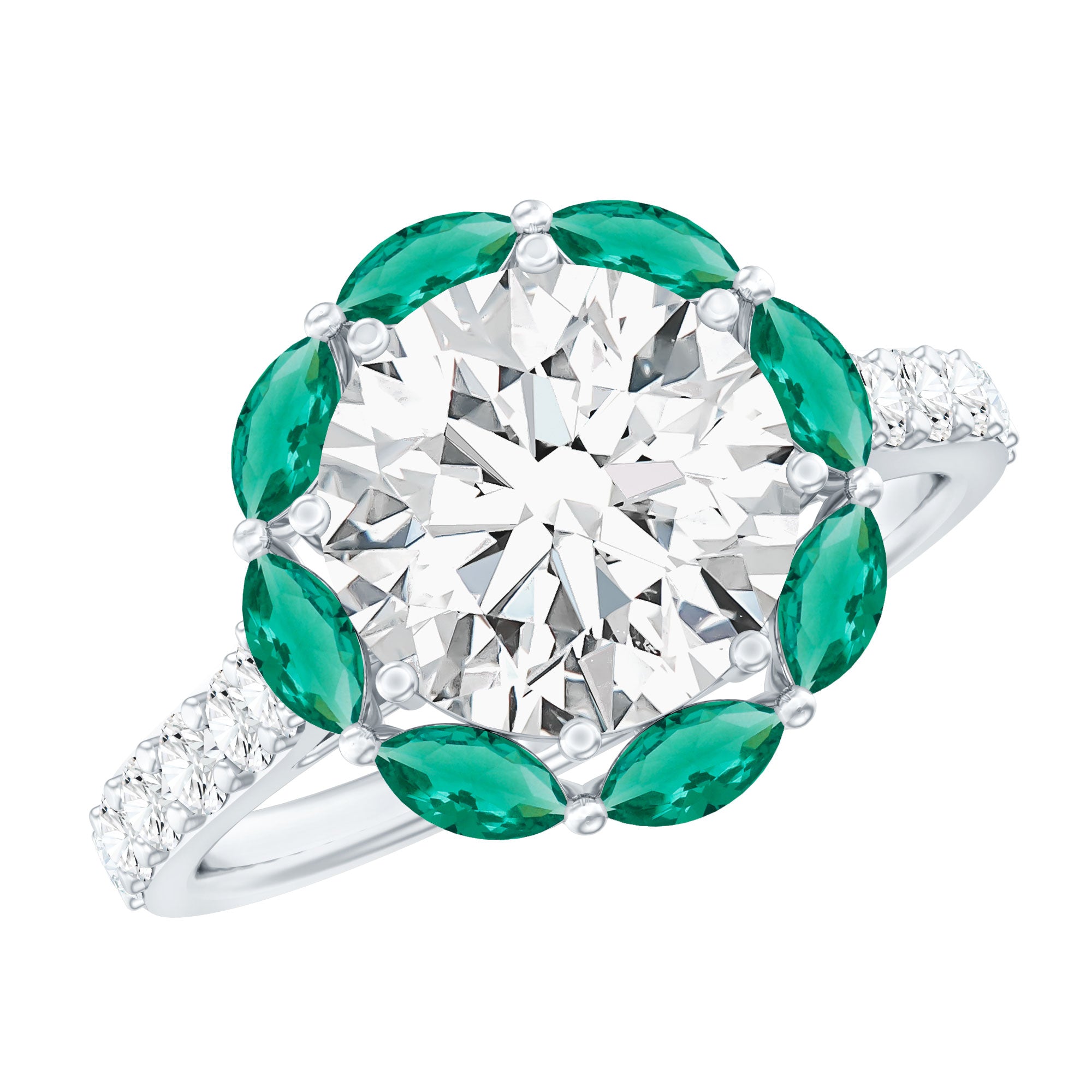Certified Moissanite and Lab Emerald Designer Engagement Ring