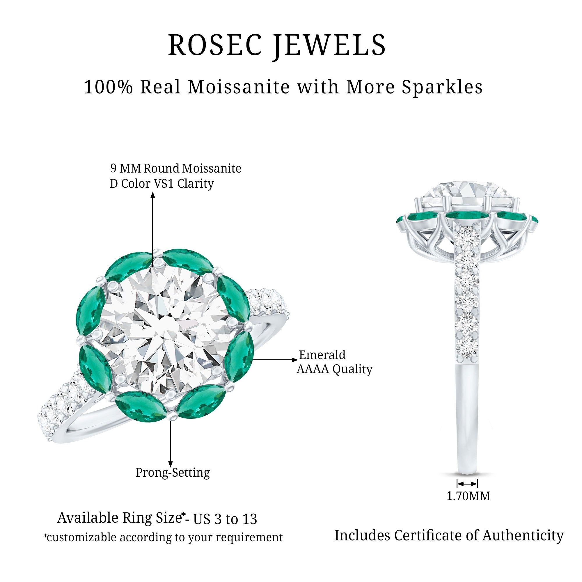 Certified 3 Carat Moissanite Designer Engagement Ring With Emerald D-VS1 92.5 Sterling Silver - Rosec Jewels