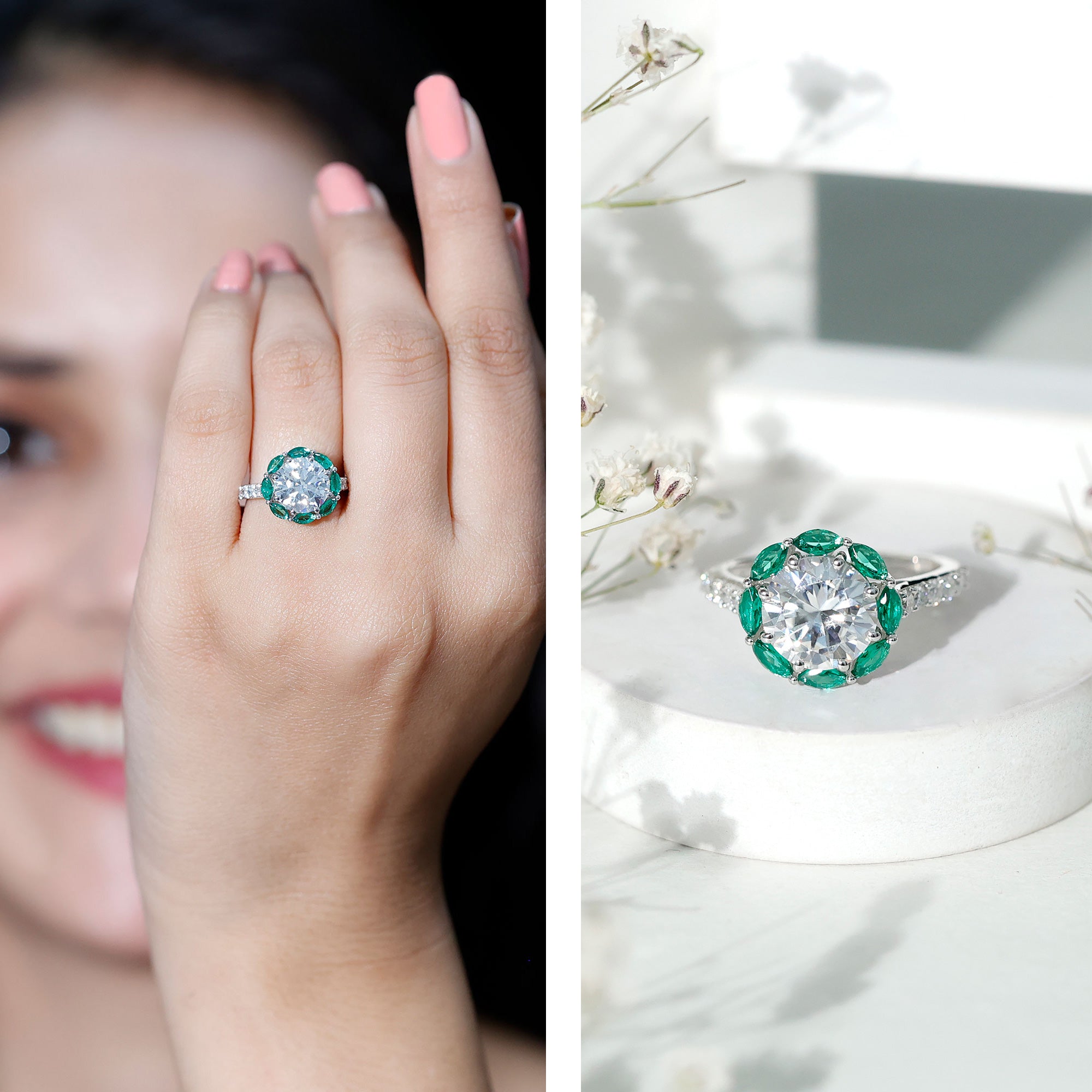 Certified 3 Carat Moissanite Designer Engagement Ring With Emerald D-VS1 92.5 Sterling Silver - Rosec Jewels
