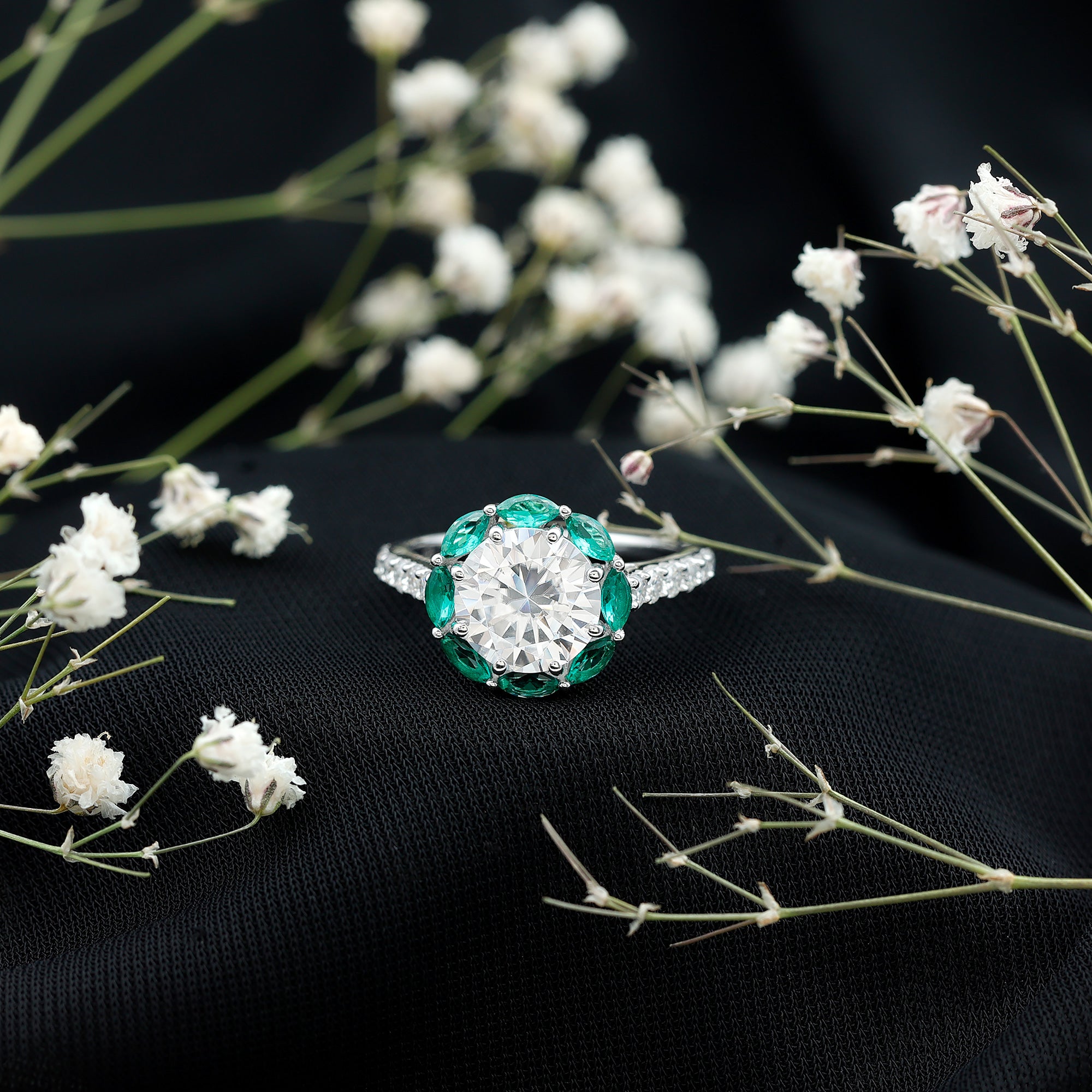 Certified 3 Carat Moissanite Designer Engagement Ring With Emerald D-VS1 92.5 Sterling Silver - Rosec Jewels