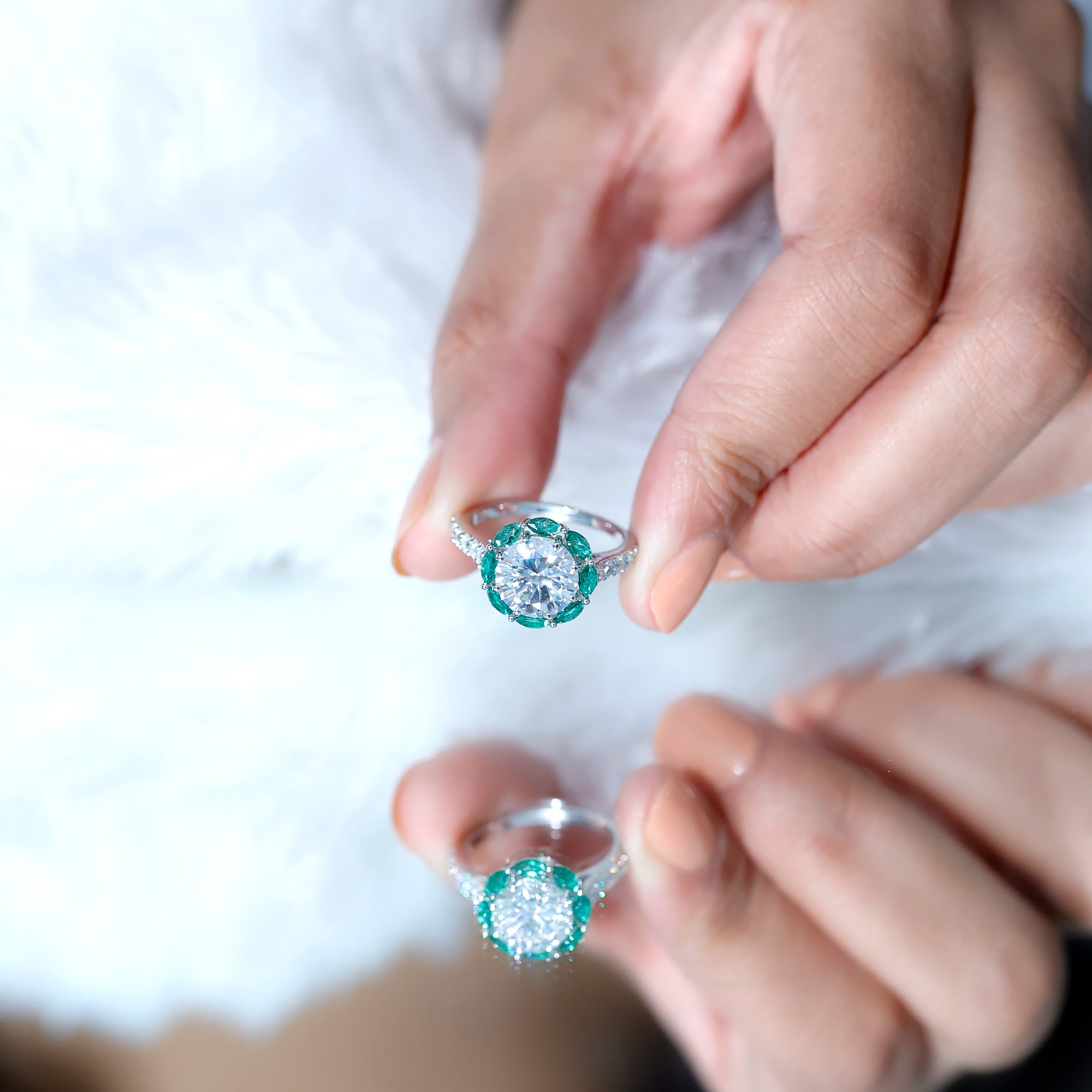 Certified 3 Carat Moissanite Designer Engagement Ring With Emerald D-VS1 92.5 Sterling Silver - Rosec Jewels