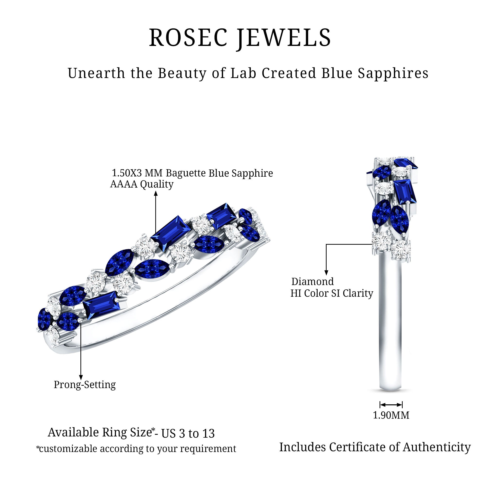 Certified Lab Grown Blue Sapphire Diamond Half Eternity Band Ring AAAA - Rosec Jewels