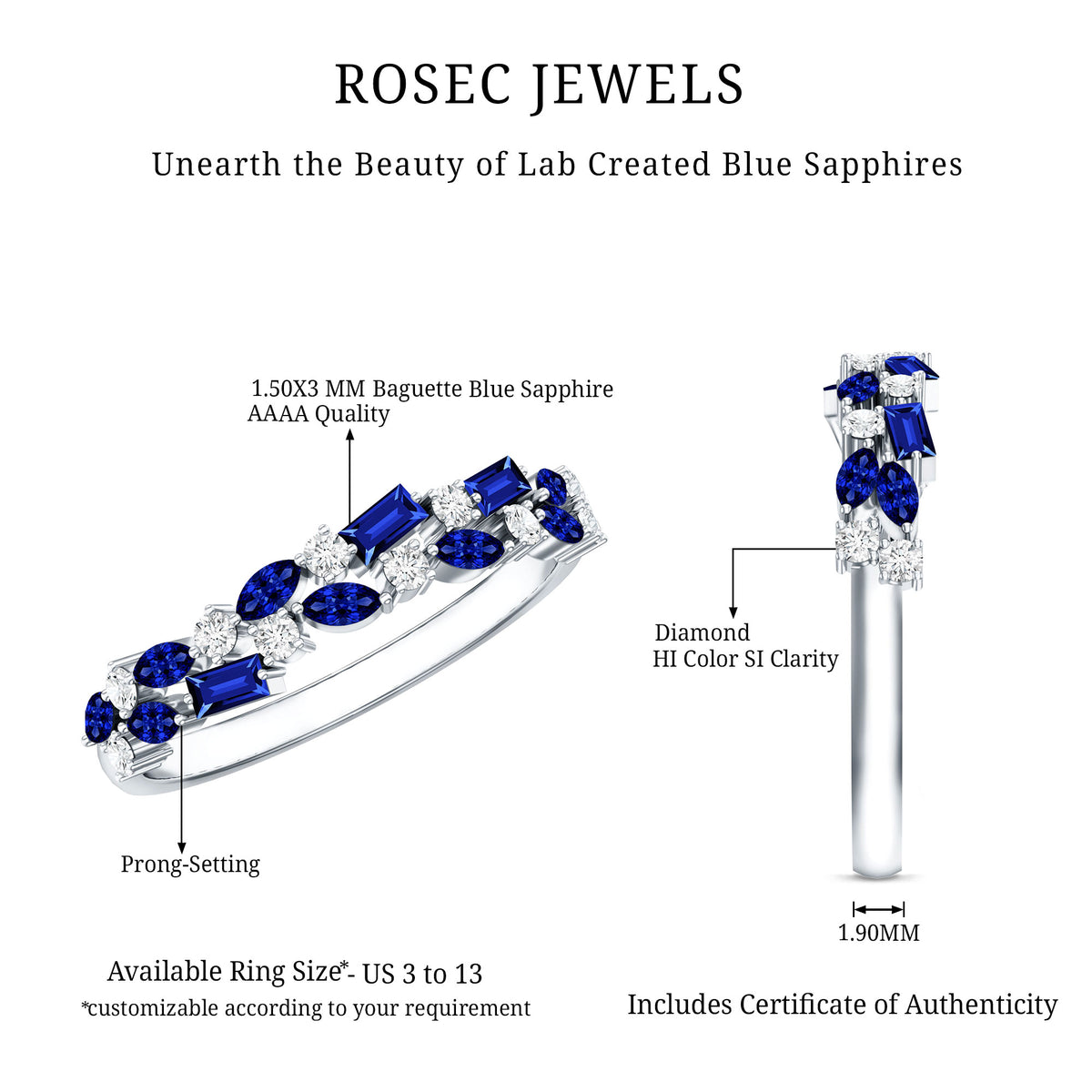 Certified Lab Grown Blue Sapphire Diamond Half Eternity Band Ring AAAA - Rosec Jewels